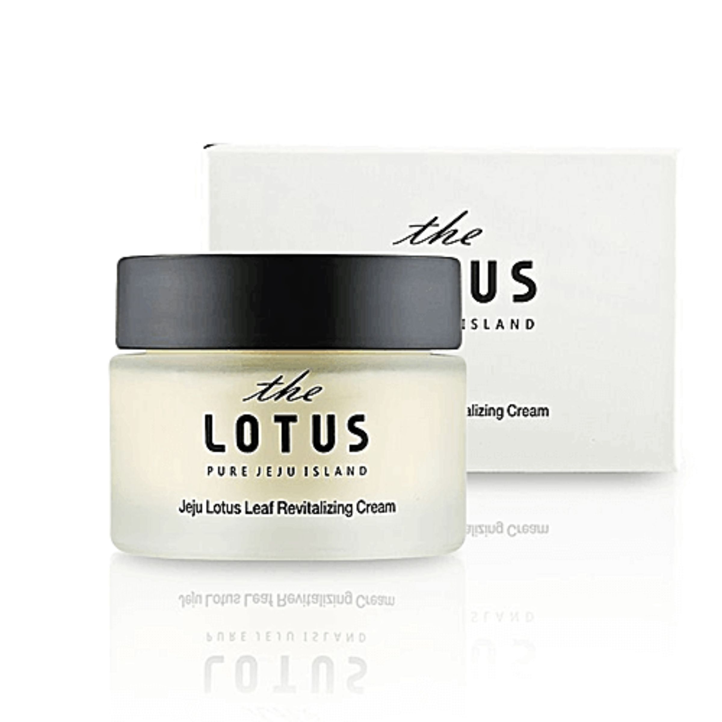 Creme-Glas mit schwarzem Deckel und weißer Verpackung. Aufschrift: the LOTUS, Jeju Lotus Leaf Revitalizing Cream.