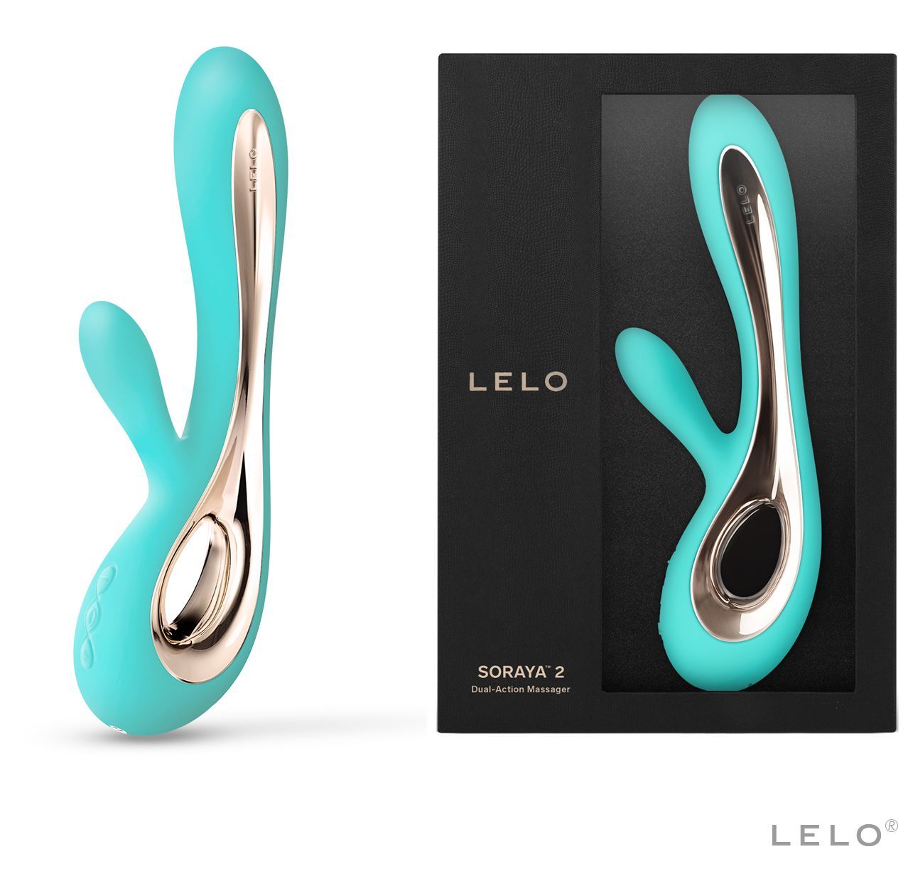 Türkisfarbener Vibrator mit goldfarbenen Akzenten. Ergonomisches Design.