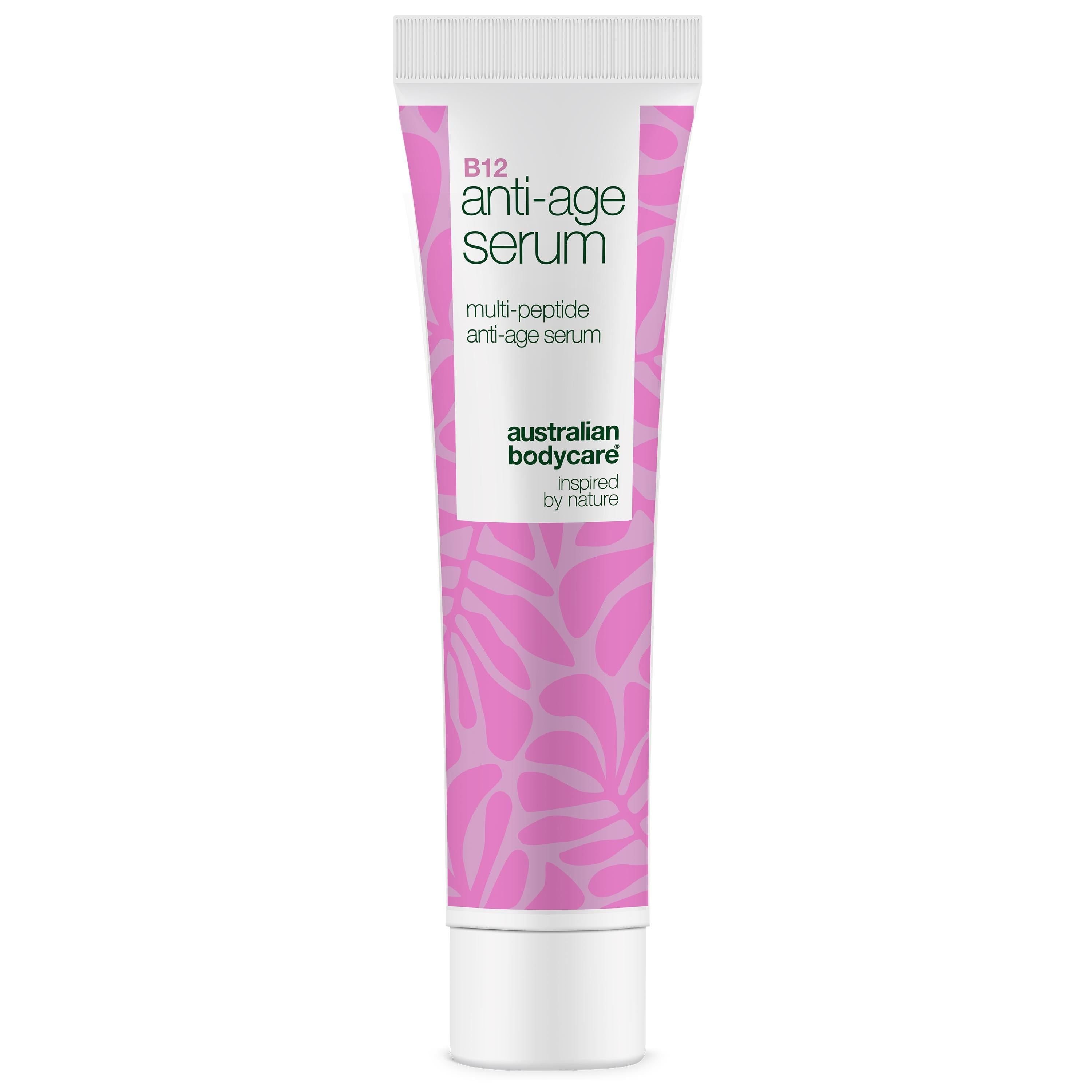 Tube mit B12 Anti-Age Serum. Weißer Deckel, rosa Muster. Text: Anti-Age Serum, australian bodycare.