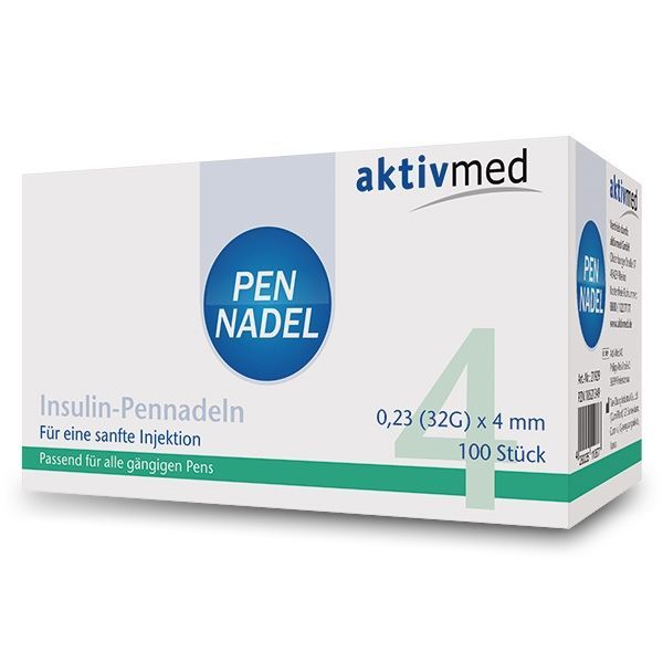 Verpackung von aktivmed Insulin-Pennadeln. Aufschrift: PEN NADEL, 4 mm, 100 Stück.
