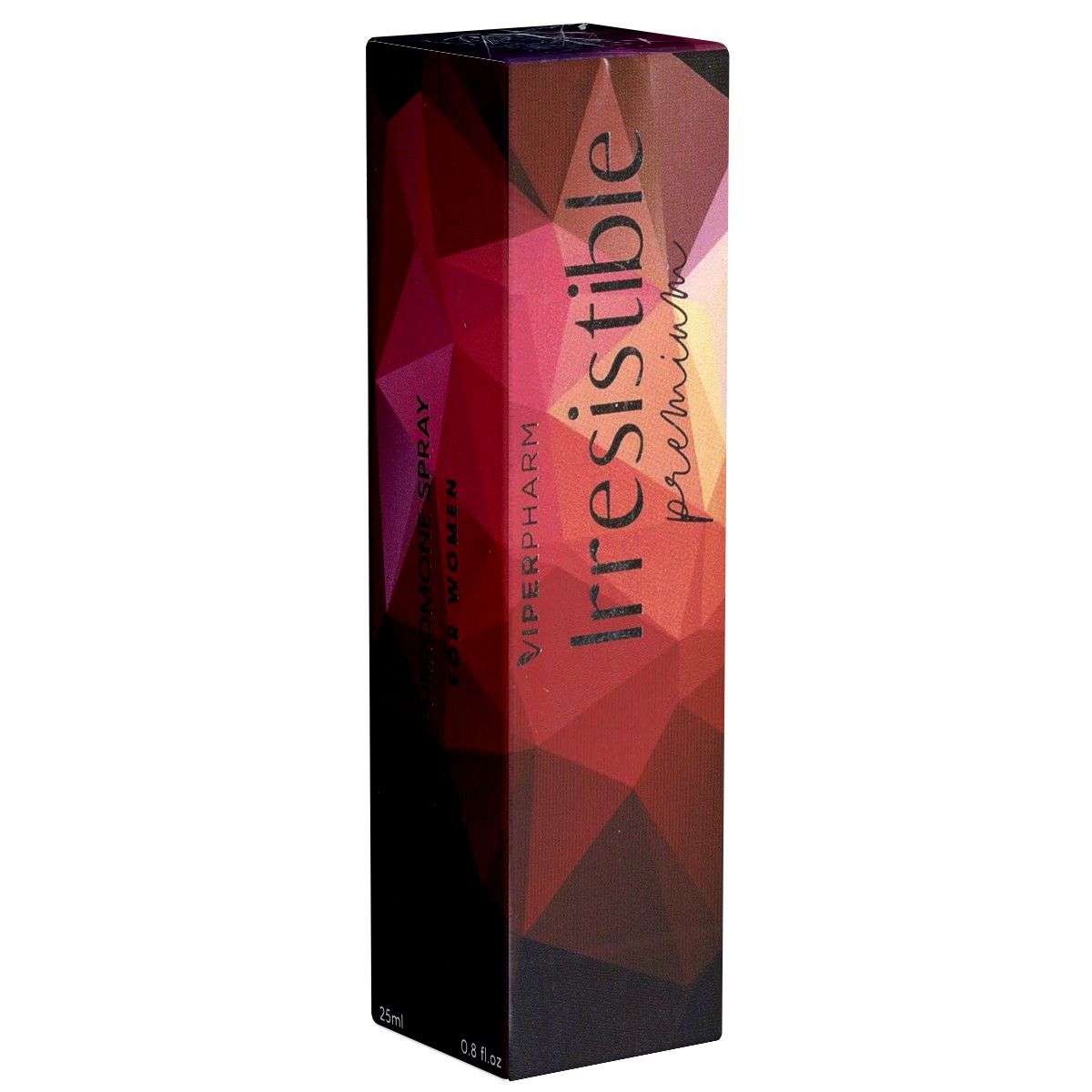 Kartonverpackung von ViperPharm Irresistible Premium Spray für Frauen. Geometrisches Design in Rot- und Brauntönen. Text: Irresistible premium.