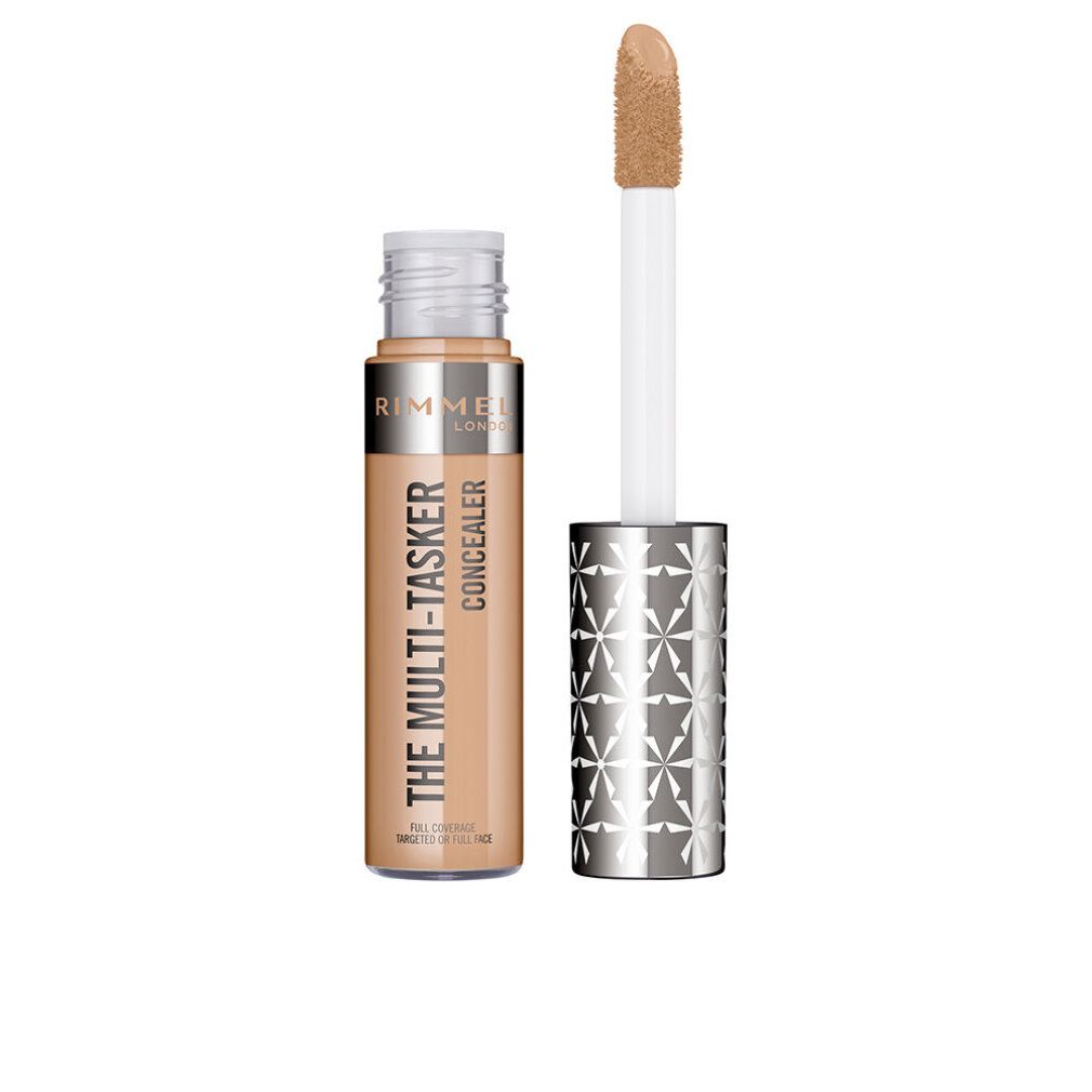 Beige Concealer-Tube mit silberner Kappe und Applikator. Aufschrift: THE MULTI-TASKER CONCEALER. Marke: RIMMEL LONDON.