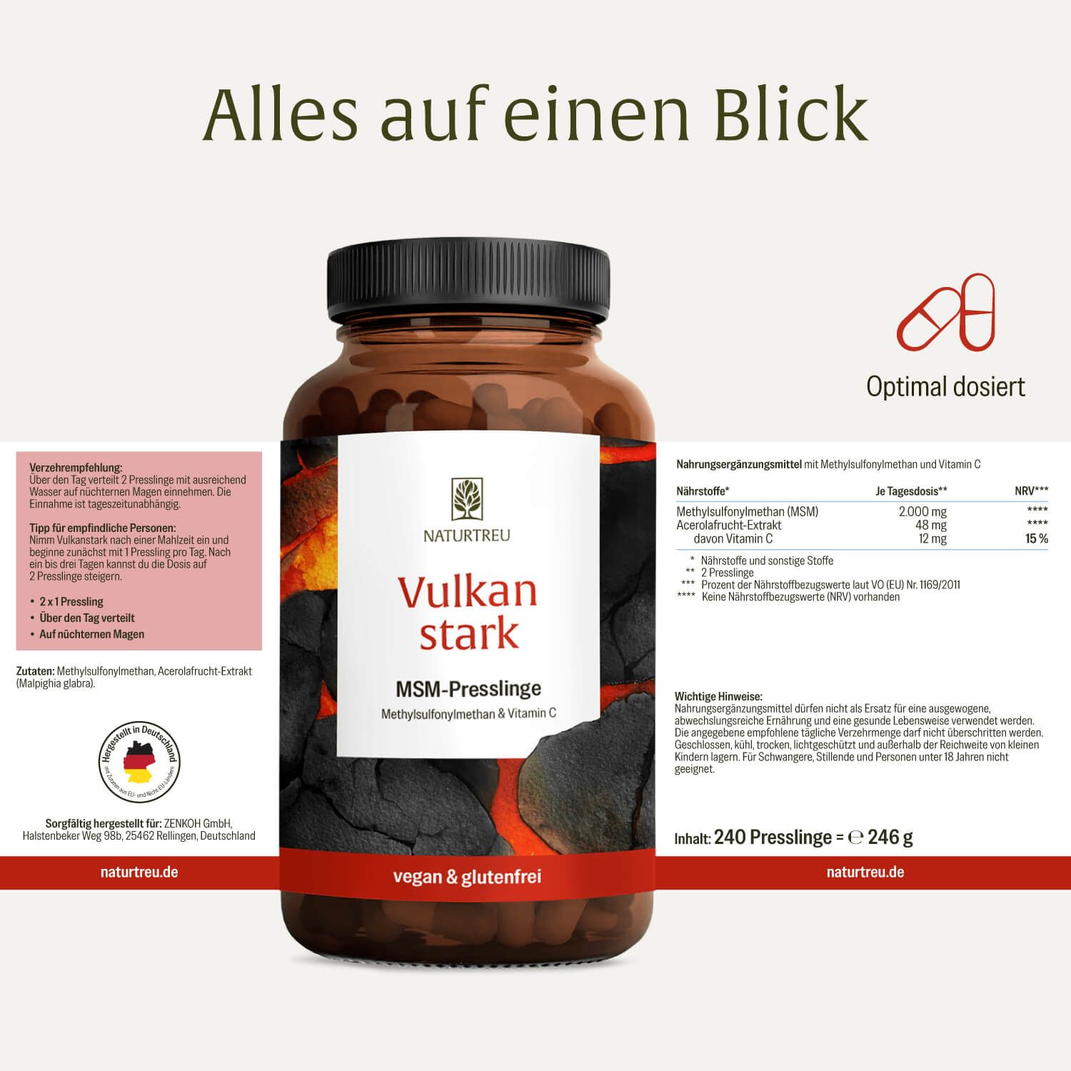 NATURTREU Vulkan stark MSM-Presslinge: Nährwertangaben, Dosierung, 240 Presslinge, 246g.