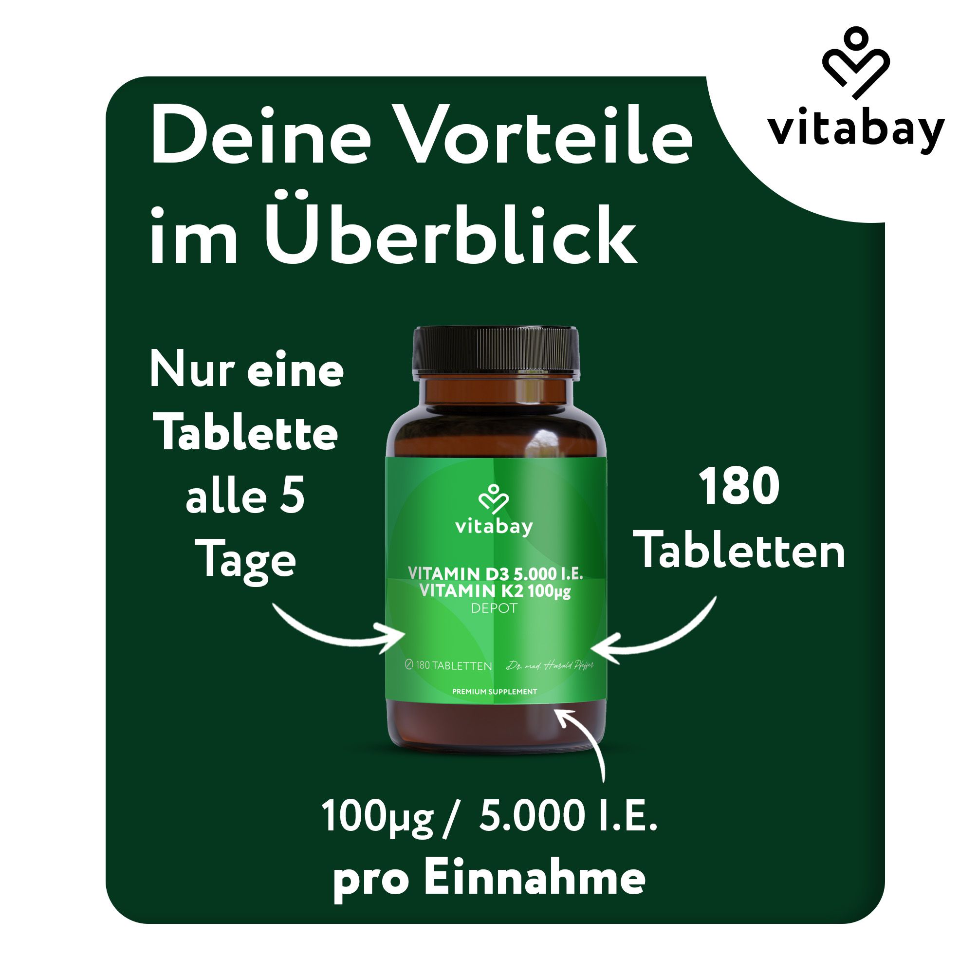 Vitabay-Produkt in Braunglasflasche. Text: Vitamin D3 5.000 I.E. Vitamin K2 100µg Depot. 180 Tabletten. 100µg / 5.000 I.E. pro Einnahme.