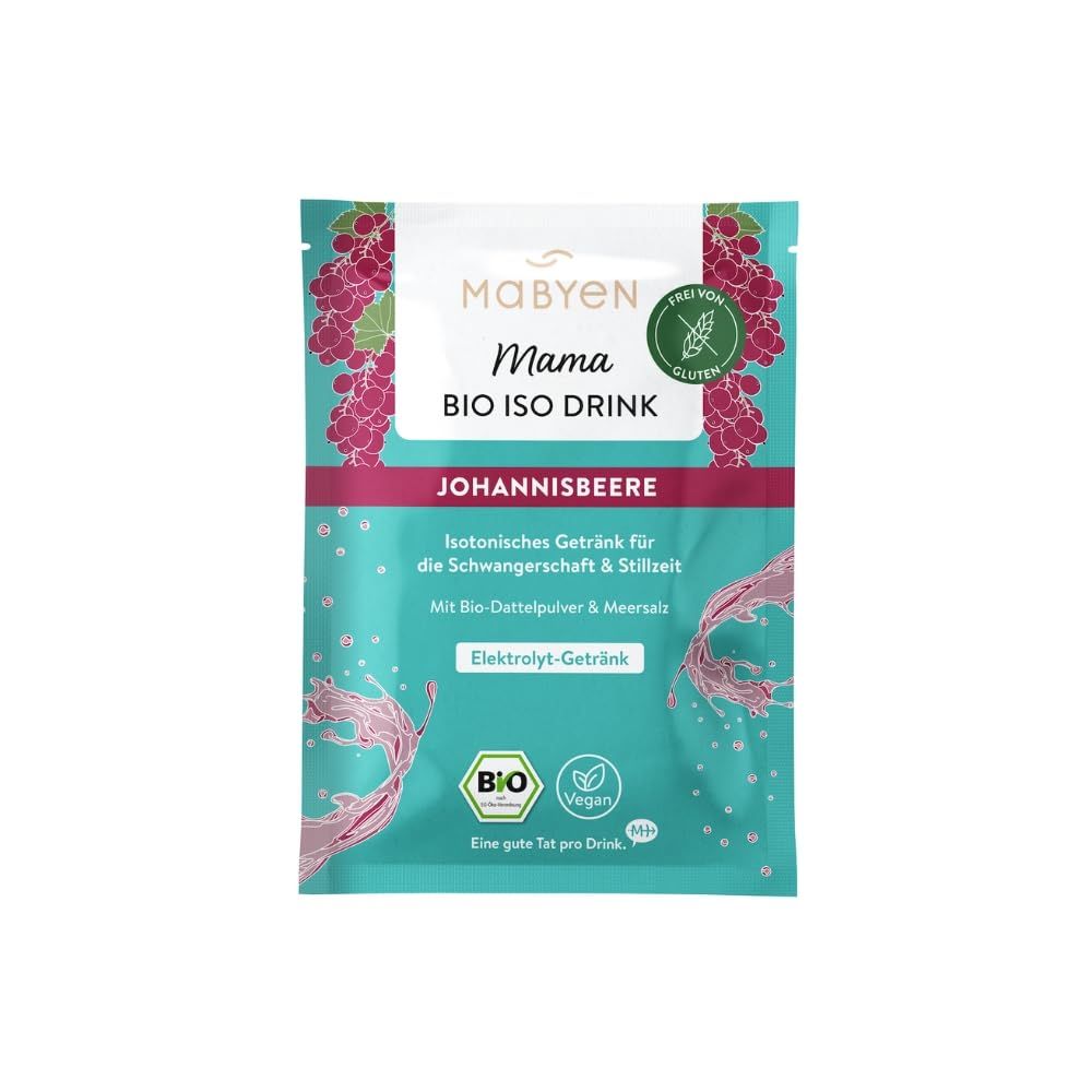 Einzelner Beutel MABYEN Mama Bio Iso Drink, Johannisbeere. Türkis-weißes Design mit Produktnamen, Bio-Siegel und Text. Glutenfrei und vegan.
