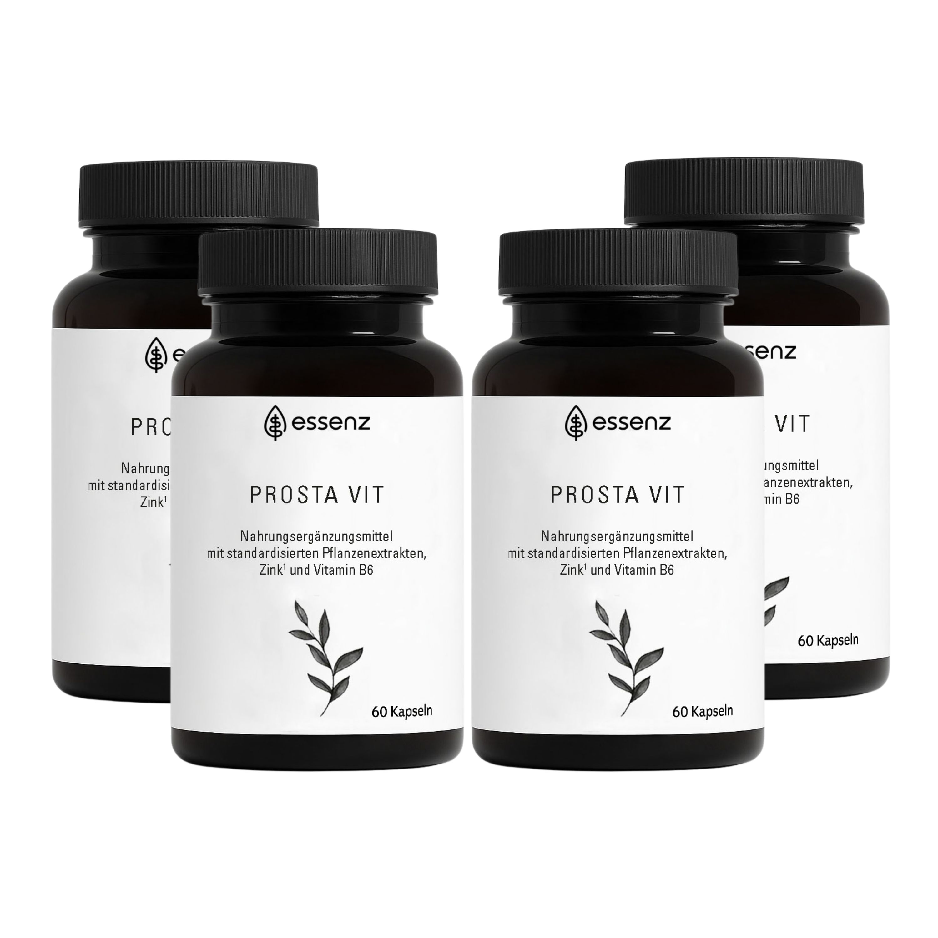 Vier Flaschen mit Kapseln. Text: ESSENZ PROSTA VIT. Nahrungsergänzungsmittel mit standardisierten Pflanzenextrakten, Zink und Vitamin B6. 60 Kapseln.