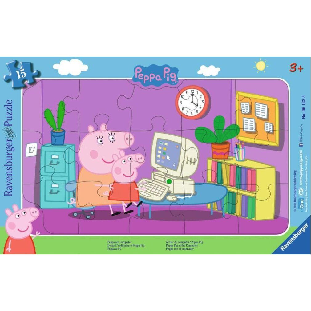 Puzzle mit 15 Teilen. Motiv: Peppa Wutz am Computer. Ravensburger Puzzle. Verpackung mit Peppa Wutz-Illustration.