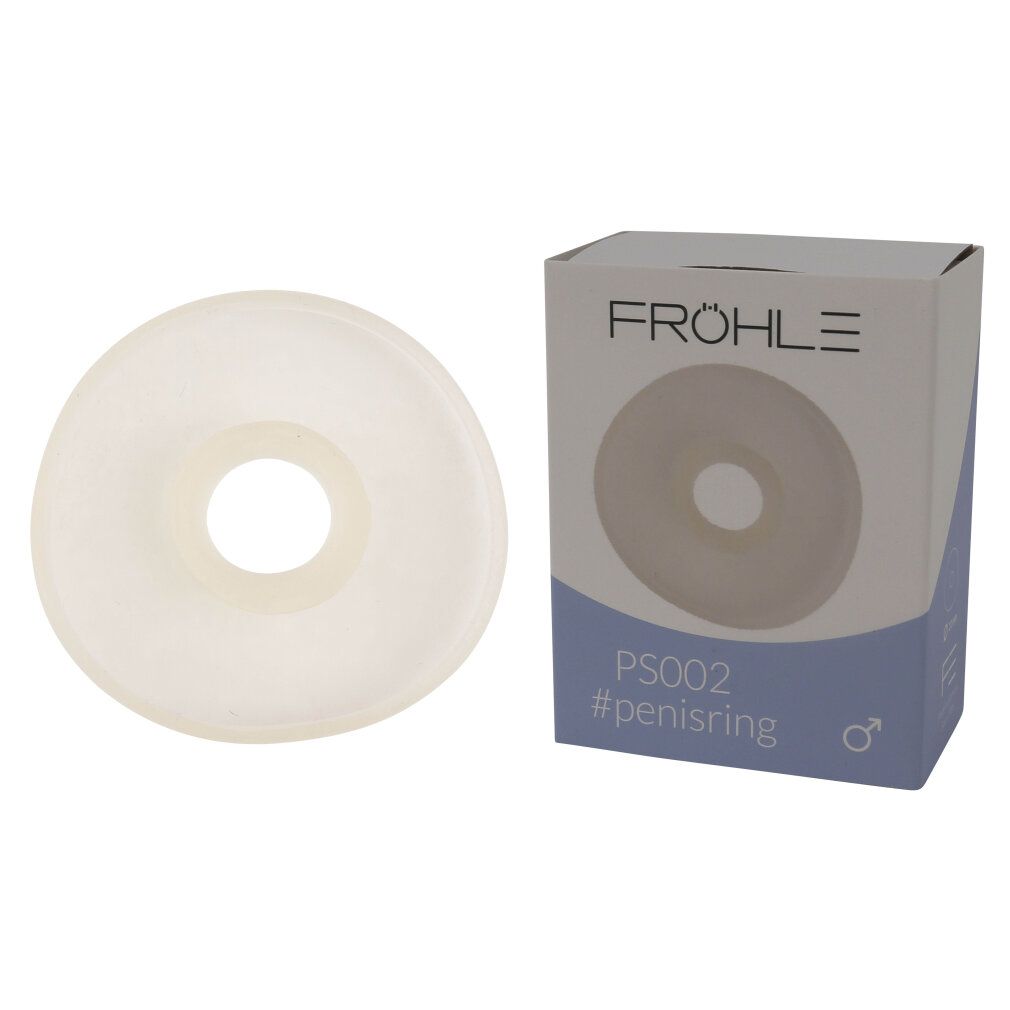 Weißliche Powermanschette mit zentraler Öffnung, neben Verpackung. Aufdruck: FRÖHLE, PS002, #penisring. Männliches Symbol.