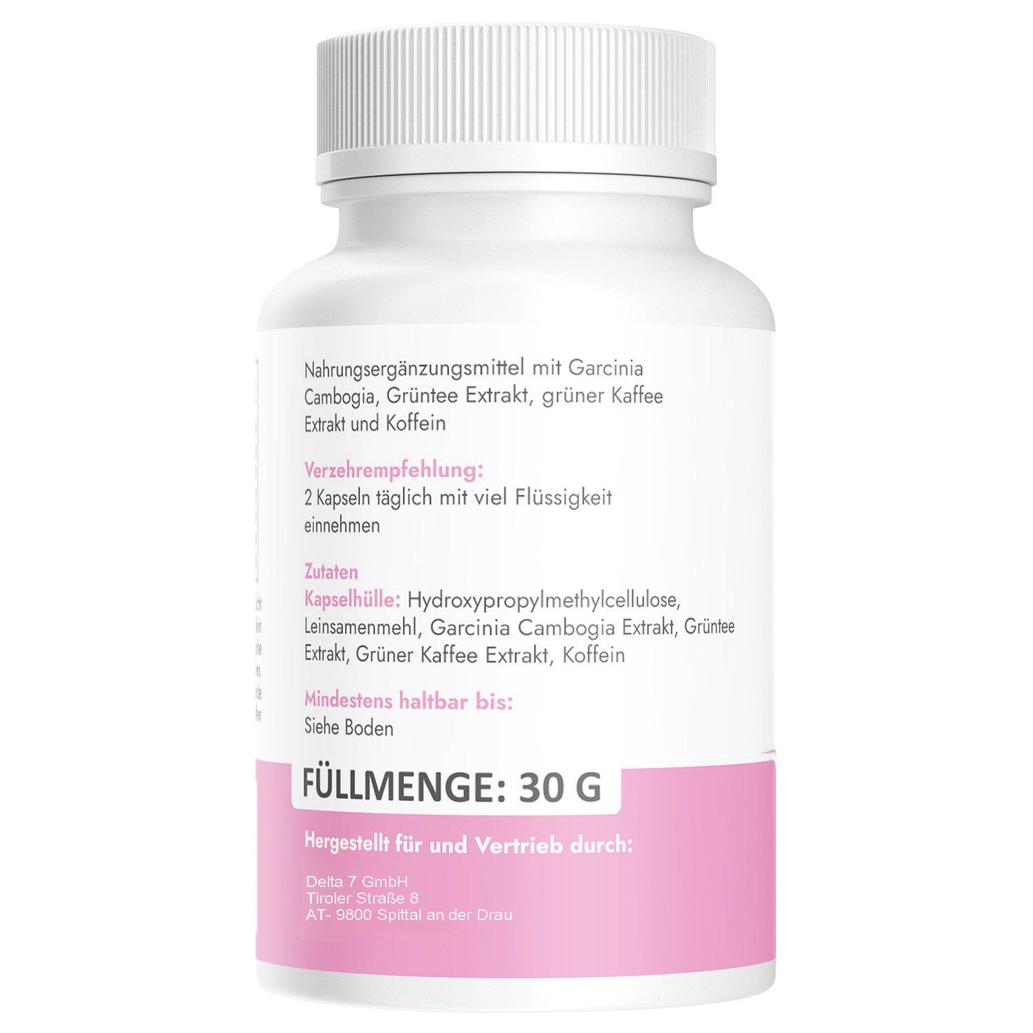 Rückseite der Kapsel-Dose. Text: Inhaltsstoffe, Verzehrempfehlung, Mindestens haltbar bis. Rosa Akzent. Füllmenge: 30 G.