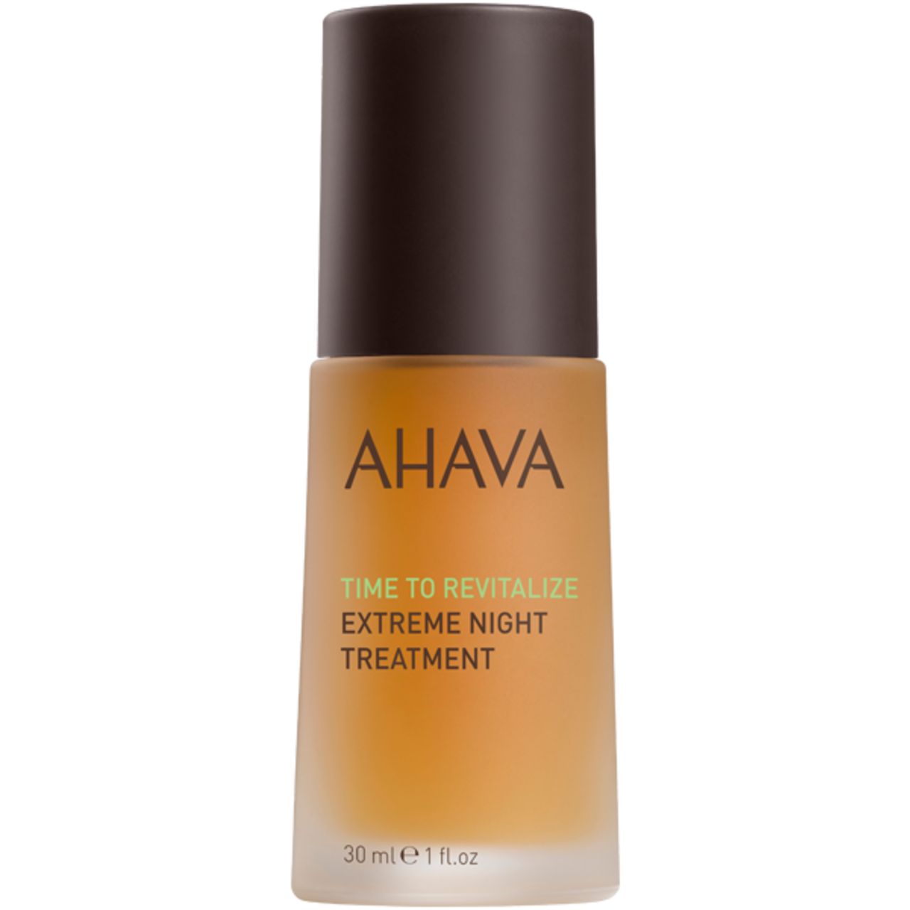 Flasche mit braunem Deckel. Aufschrift: AHAVA, Time to Revitalize Extreme Night Treatment. Unterseite: 30 ml 1 fl.oz.