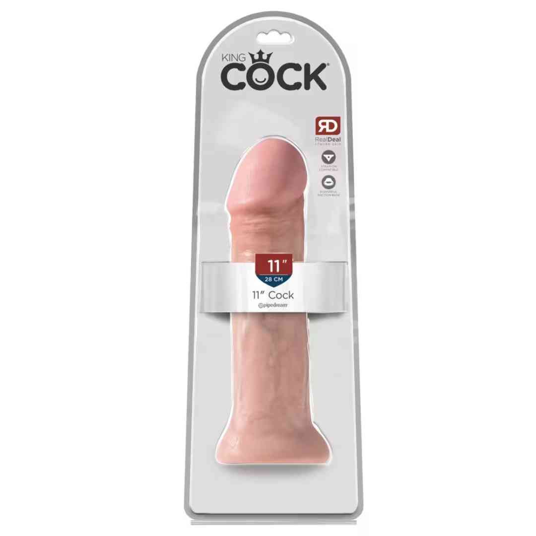 Dildo in Verpackung. Marke King Cock. 11 Zoll, hautfarben. Verpackung mit Logo und Produktbezeichnung.
