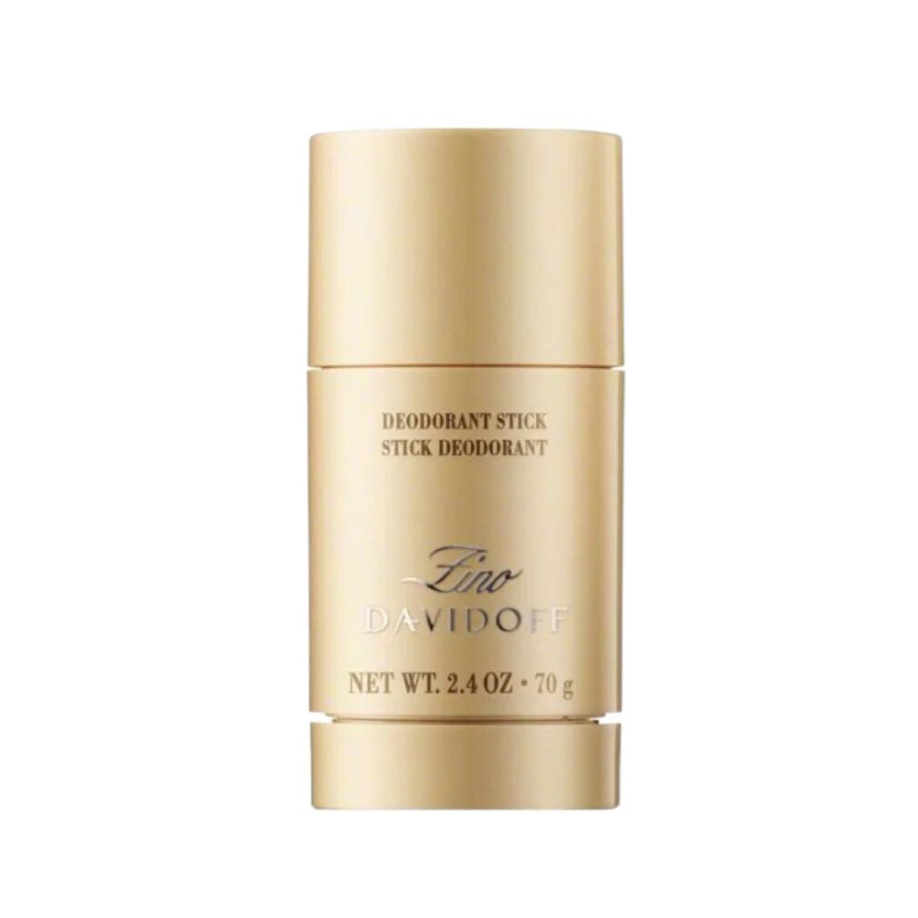 Beige Deodorant-Stick. Aufschrift: DEODORANT STICK, Fino DAVIDOFF, NET WT. 2.4 OZ - 70 g. Zylindrische Form.