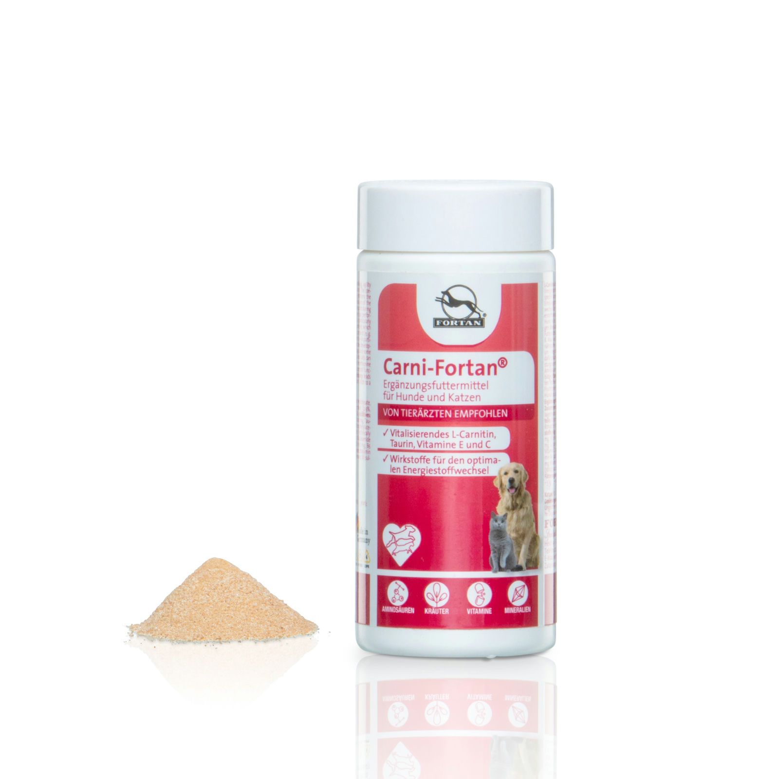 Weiße Dose mit rotem Etikett und Pulver daneben. Aufschrift: Carni-Fortan, Ergänzungsfuttermittel für Hunde und Katzen. Logo: Hund und Katze.