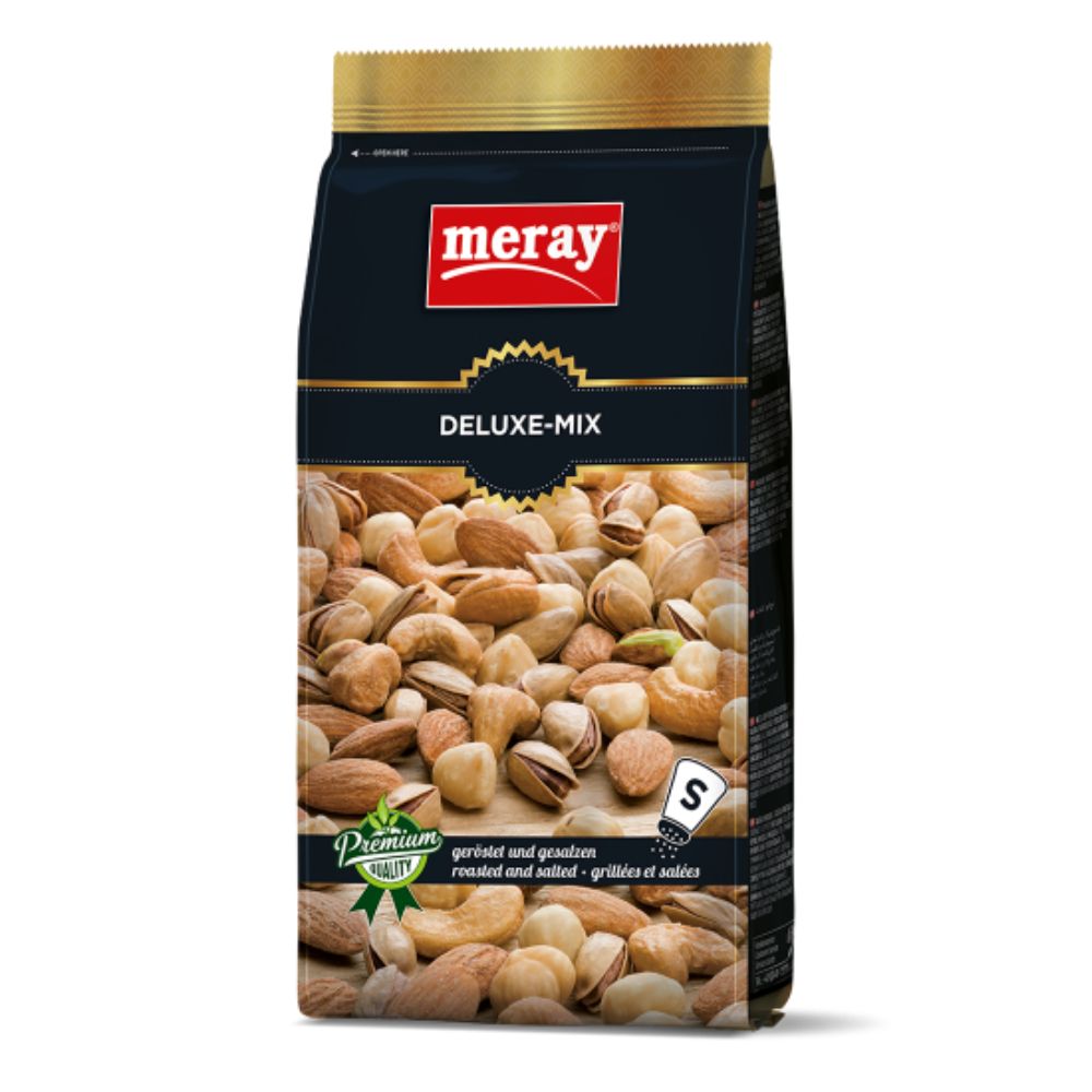 MERAY Deluxe Mix Geröstet & Gesalzen. Schwarze Verpackung mit goldfarbenem Oberteil. Enthält Nüsse. Aufschrift: Premium Quality.