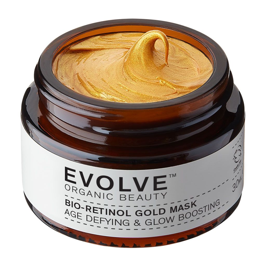Braunes Glas mit goldener Gesichtsmaske. Etikett: EVOLVE ORGANIC BEAUTY BIO-RETINOL GOLD MASK AGE DEFYING & GLOW BOOSTING.
