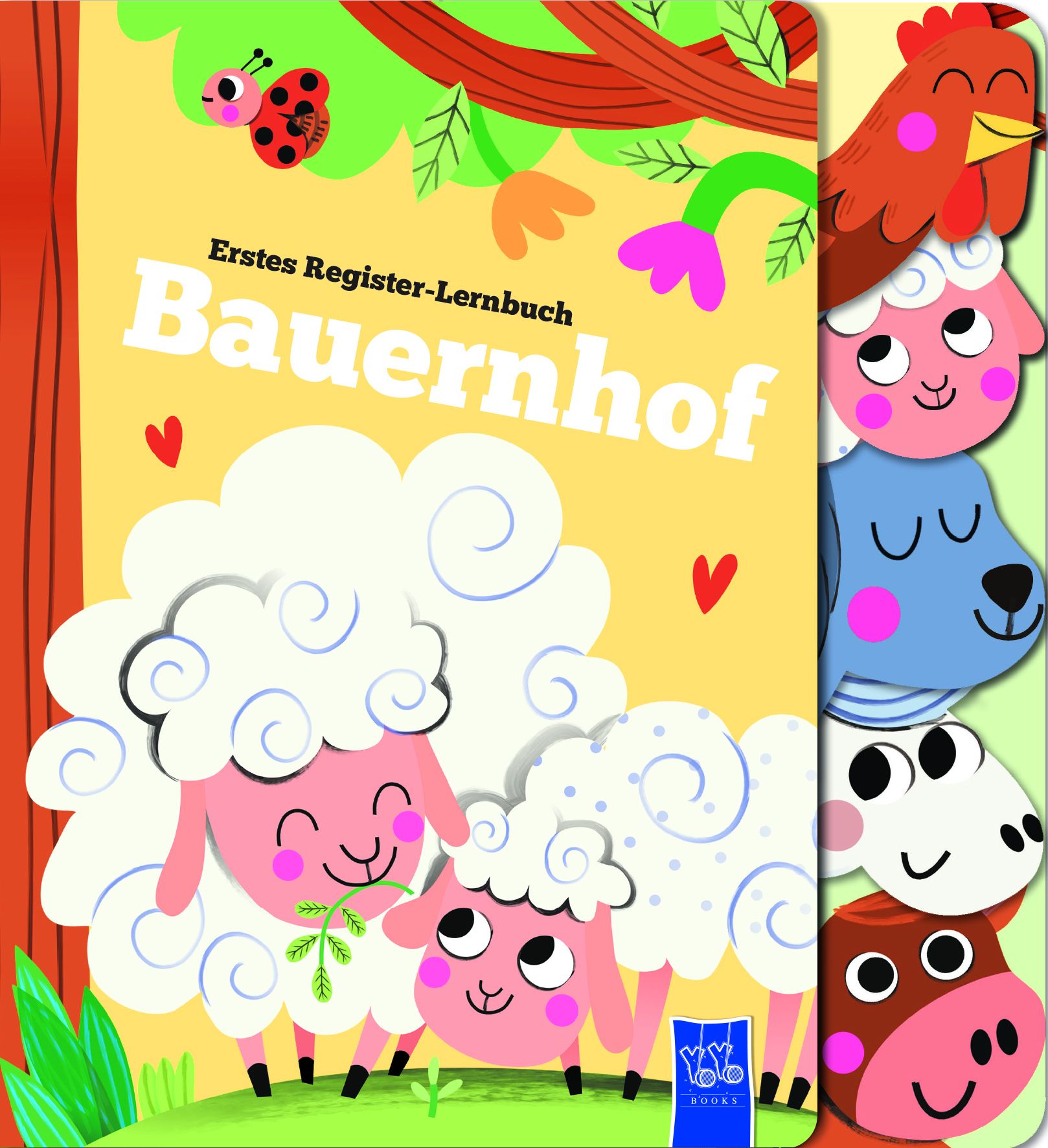 Buchcover mit Titel "Bauernhof". Illustrationen von Schafen, einem Marienkäfer und einem Hahn. Register mit Tierköpfen.