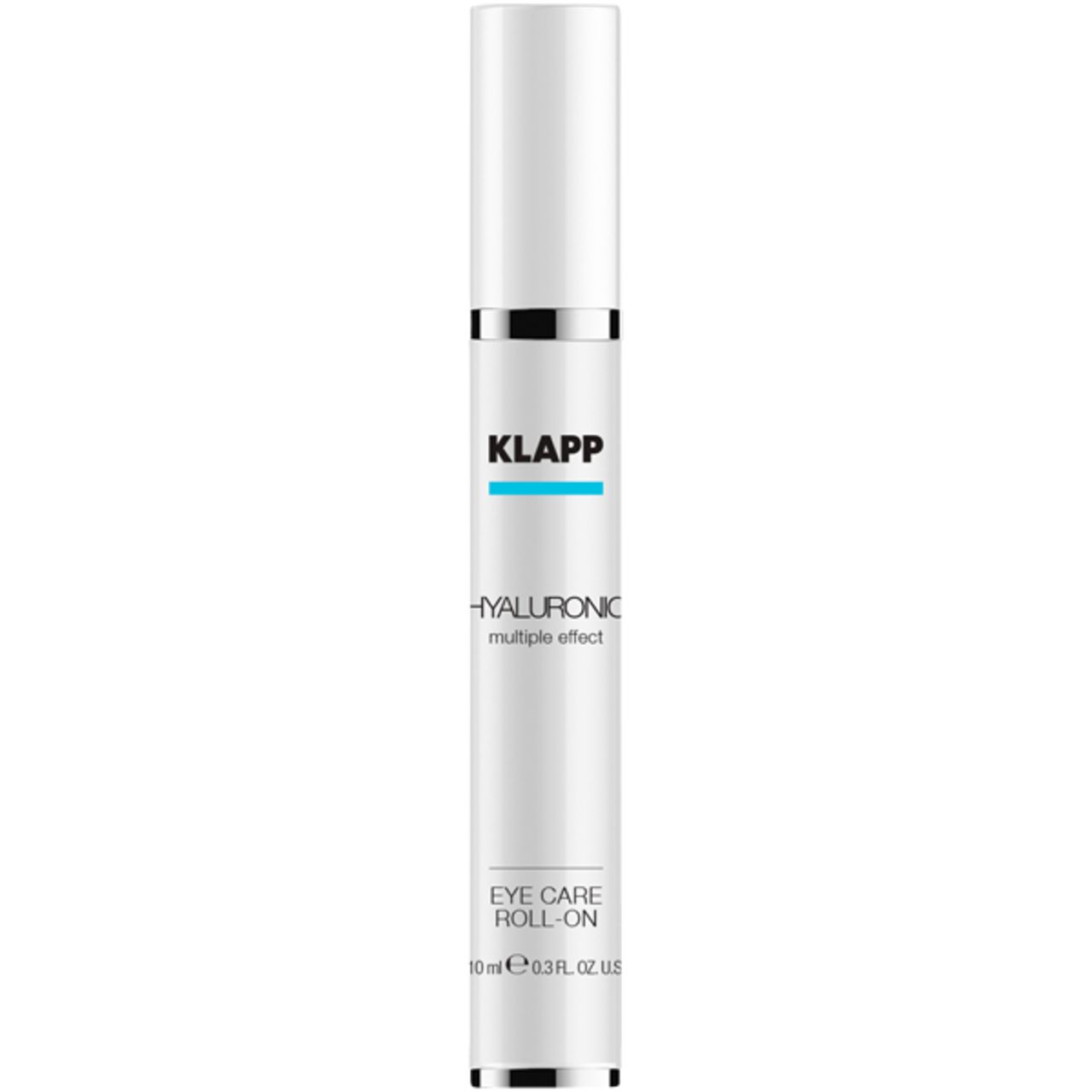 Weißer Roll-On-Behälter mit silbernen Akzenten. Schwarzer Schriftzug: KLAPP, Hyaluronic multiple effect, Eye Care Roll-On. Blaue Linie.