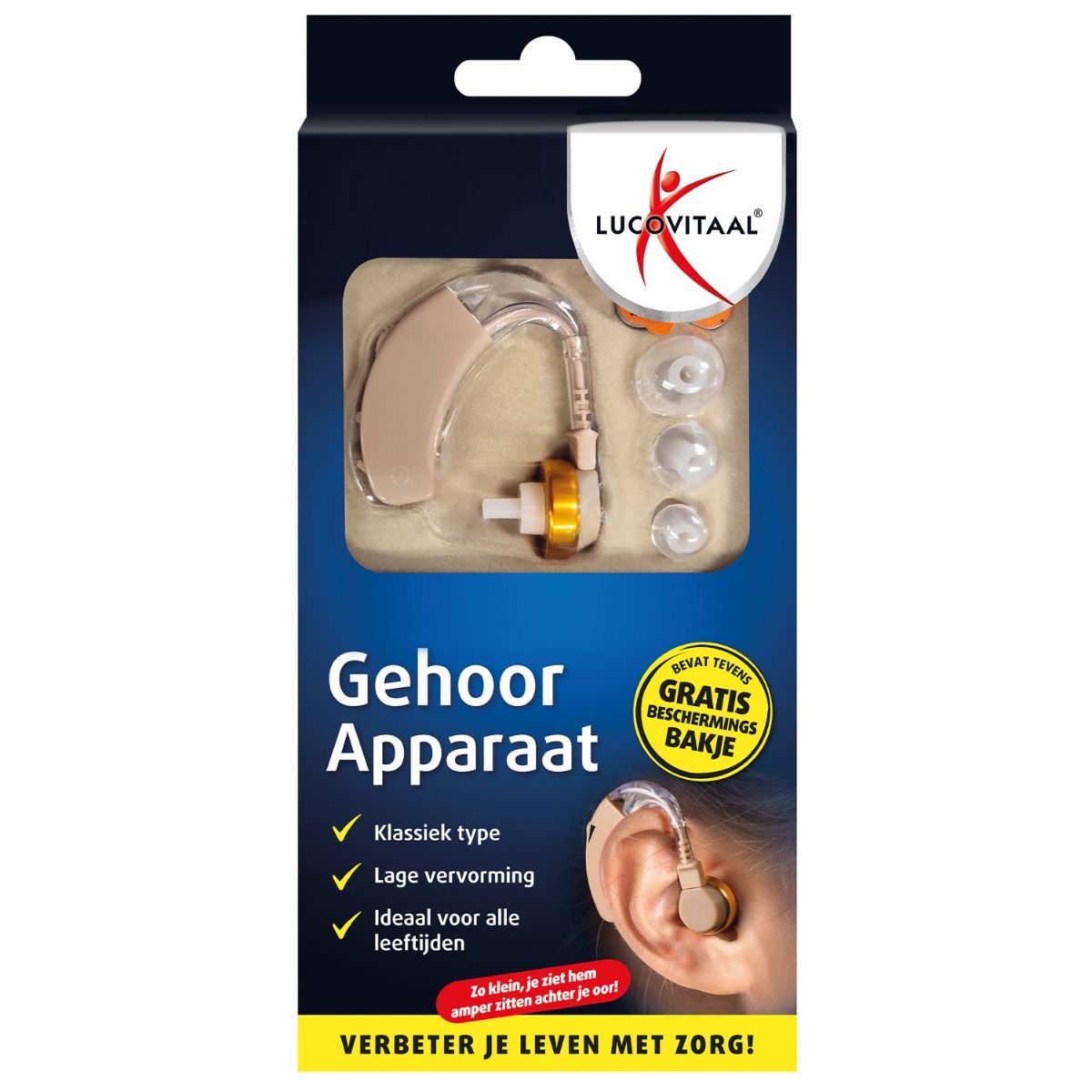 Hoortoestel in verpakking. Bevat toestel, oordopjes en batterijen. Opschrift: Lucovitaal, Gehoor Apparaat.