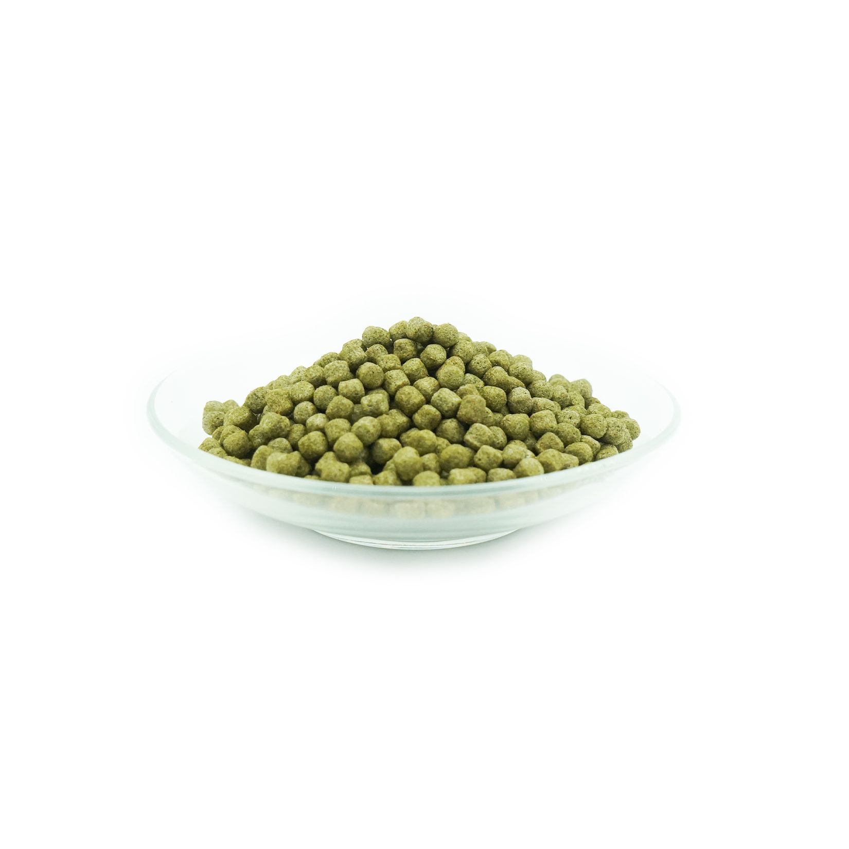 Grüne, runde Pellets in einer Glasschale. KI-JA-KO Staple 6 mm.