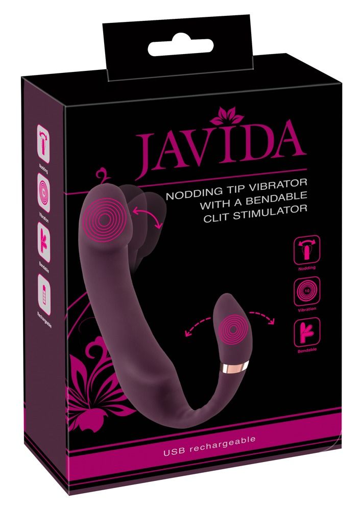 Verpackung mit Javida-Logo. Lila Vibrator mit Spitze und Clit-Stimulation. Illustrationen und Text.
