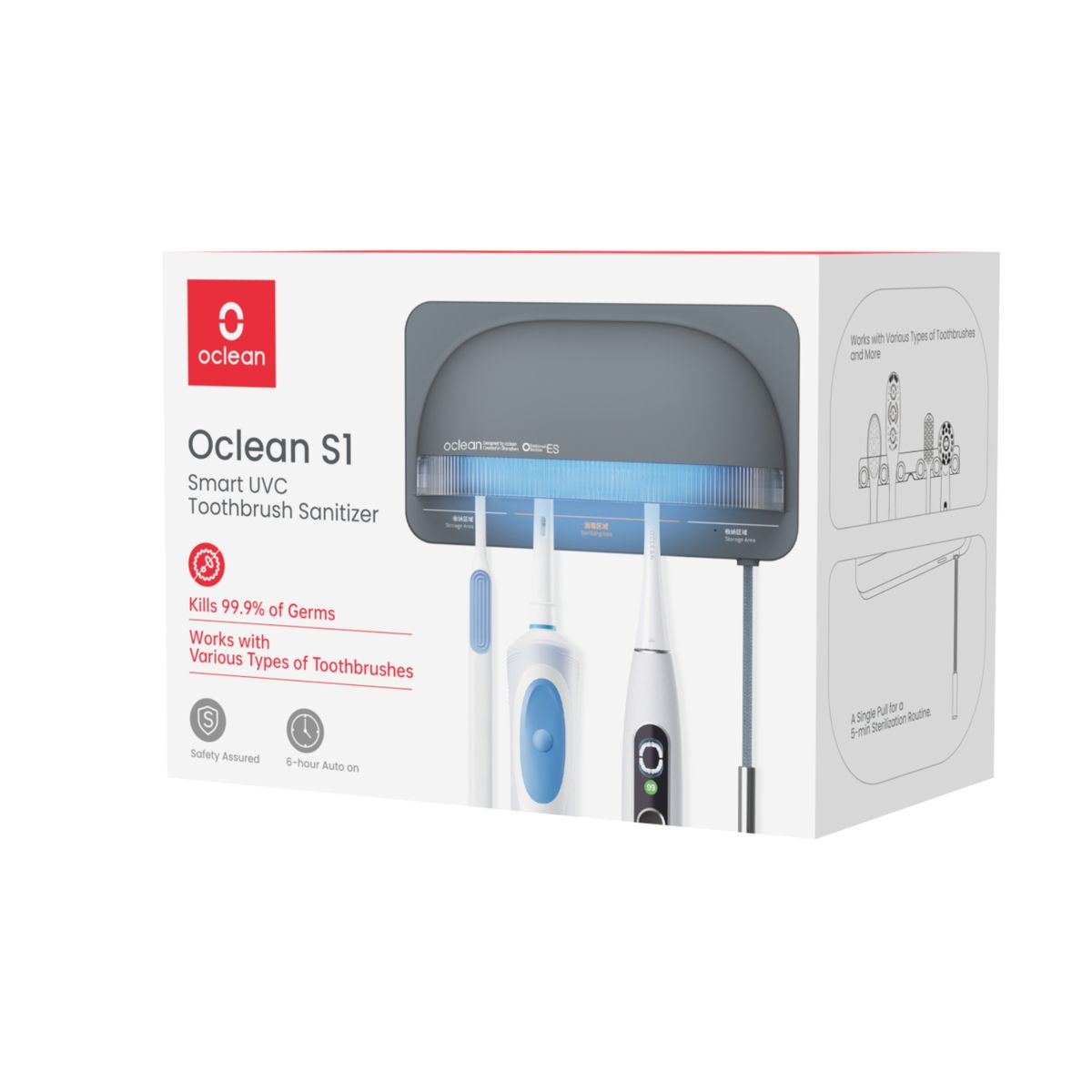 Verpackung von Oclean S1. Grauer UVC-Sterilisator mit Zahnbürsten. Text: Smart UVC Toothbrush Sanitizer. Logo und Produktnamen.
