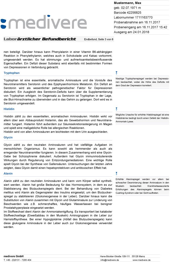 Seite 3 des Laborberichts. Erläuterungen zu den Testergebnissen. Text: Laborärztlicher Befundbericht. Logo von medivere.