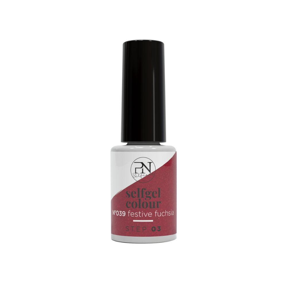 Flasche PN Selfgel Vernis Semi-Permanent, N39 Festive Fuchsia. Schwarzer Deckel, weißes Etikett mit Logo und Produktinformationen.
