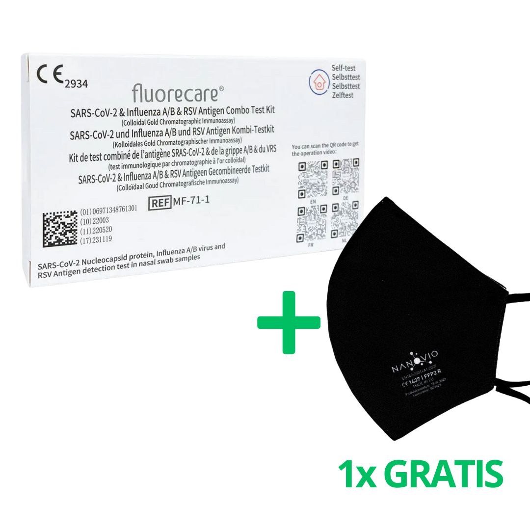 fluorecare® 4in1 SARS-CoV-2, Influenza A/B & RSV Combo-Schnelltest + Gratis Nanovio Ffp2 Maske 10 St Test