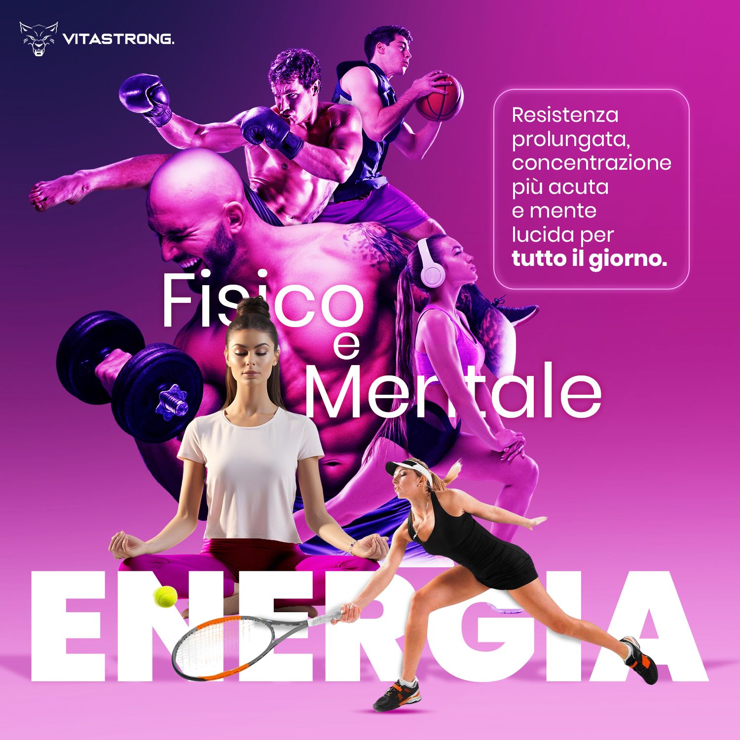 Vitastrong Energy Berries. Sportler-Collage. Text: Körperliche und geistige Energie. Blaubeeren.