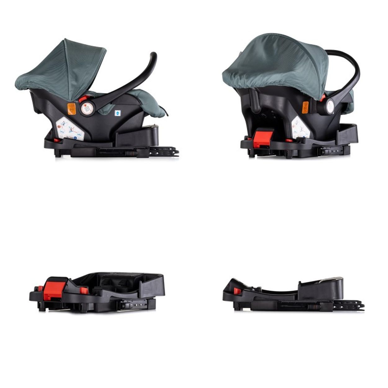 Babyschale mit Basis in Grau. Vier Ansichten zeigen die Schale und die Basis separat.