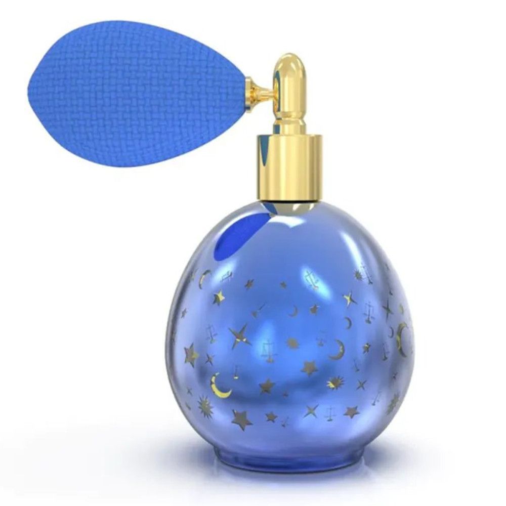 Blauer Flakon mit goldenem Verschluss und blauem Zerstäuber. Sterne und Monde auf dem Flakon.