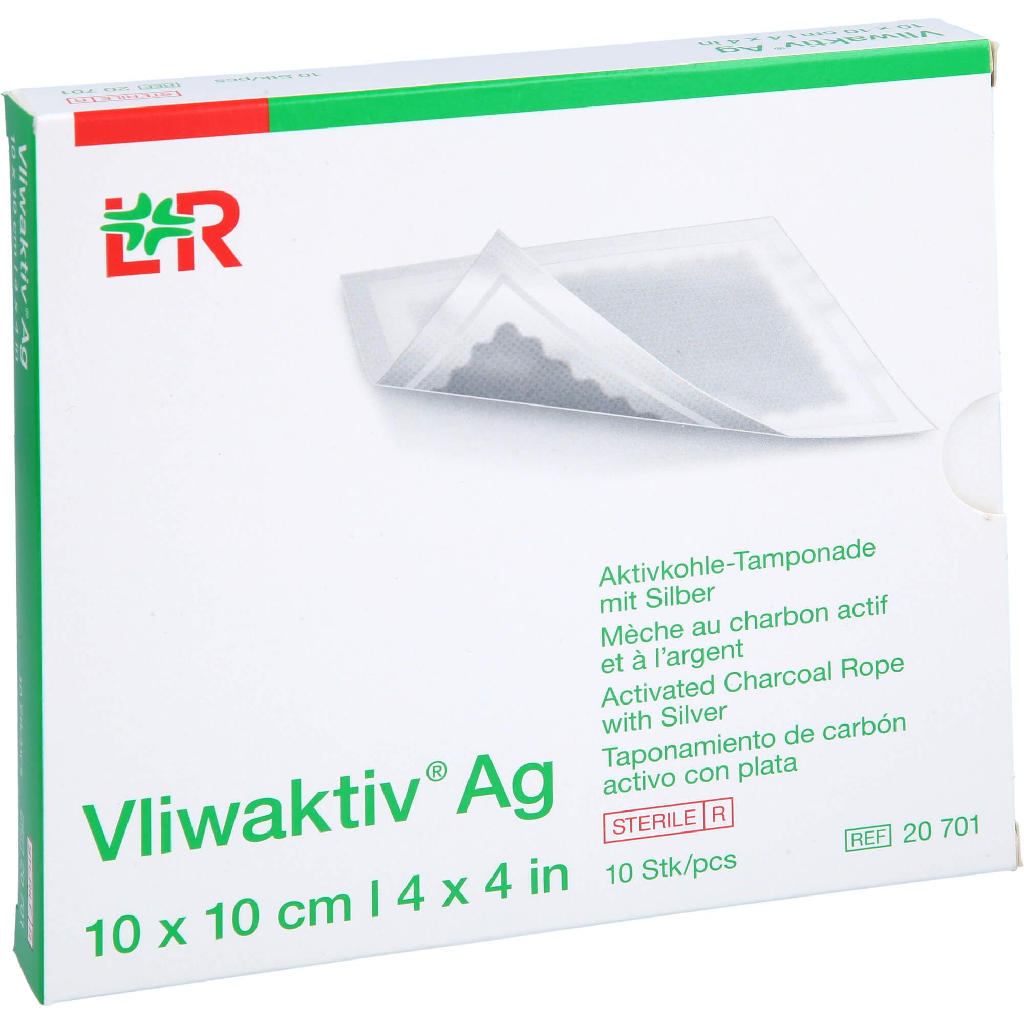 Verpackung von Vliwaktiv® Ag. Enthält 10 Stück sterile Aktivkohle-Tamponade mit Silber, 10 x 10 cm. Produktinformationen in mehreren Sprachen.