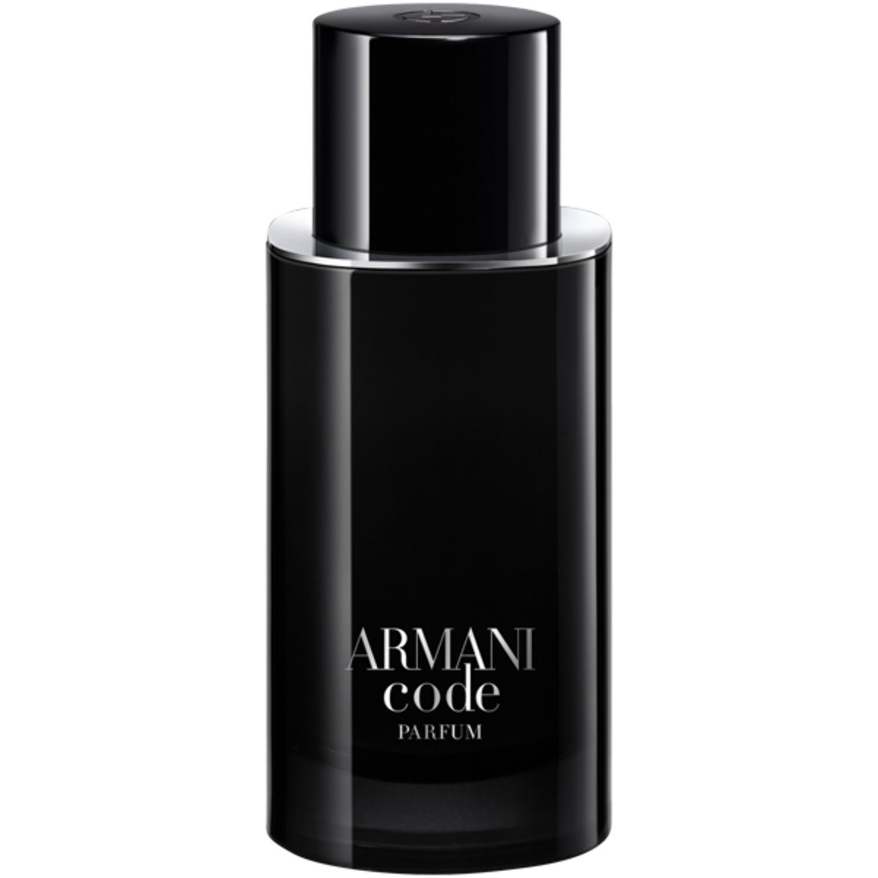 Schwarzer Flakon Armani Code Parfum. Zylindrische Form, schwarzer Deckel. Aufschrift: Armani Code Parfum.