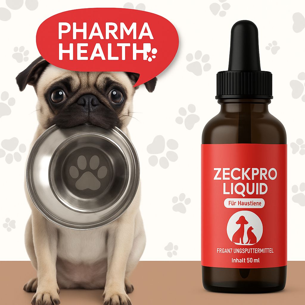 Braune Flasche mit schwarzem Deckel und Pipette. Rotes Etikett mit Text und Logo. Mops mit Futternapf.