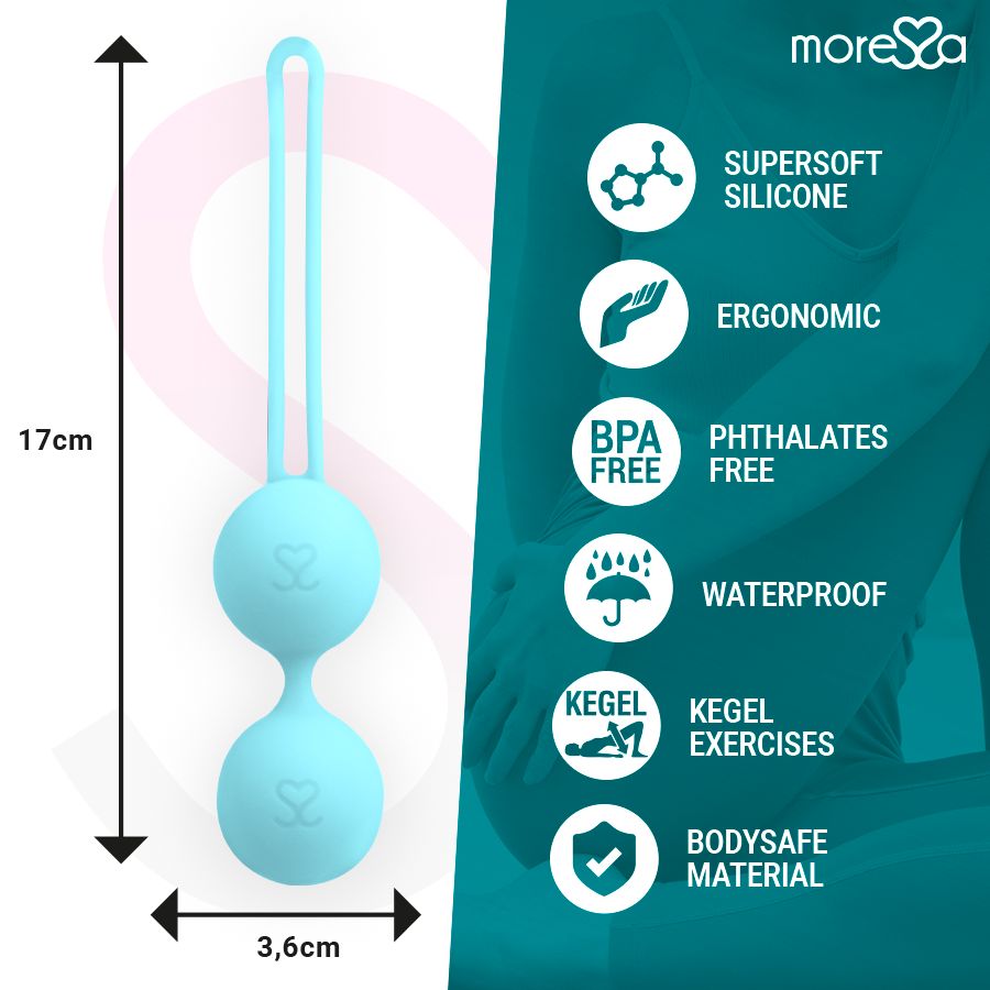 Türkisfarbene Kegel-Kugel aus Silikon. Maße: 17cm hoch, 3,6cm breit. Eigenschaften: Supersoft, ergonomisch, BPA-frei, wasserdicht, körperverträglich. Marke: Moressa.