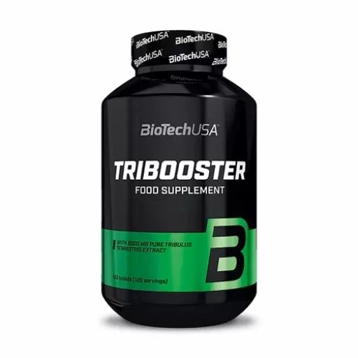 Schwarze Flasche mit grünem Etikett. Aufschrift: BioTechUSA, Tribooster, Nahrungsergänzungsmittel. Enthält 2000 mg reinen Tribulus Terrestris Extrakt.