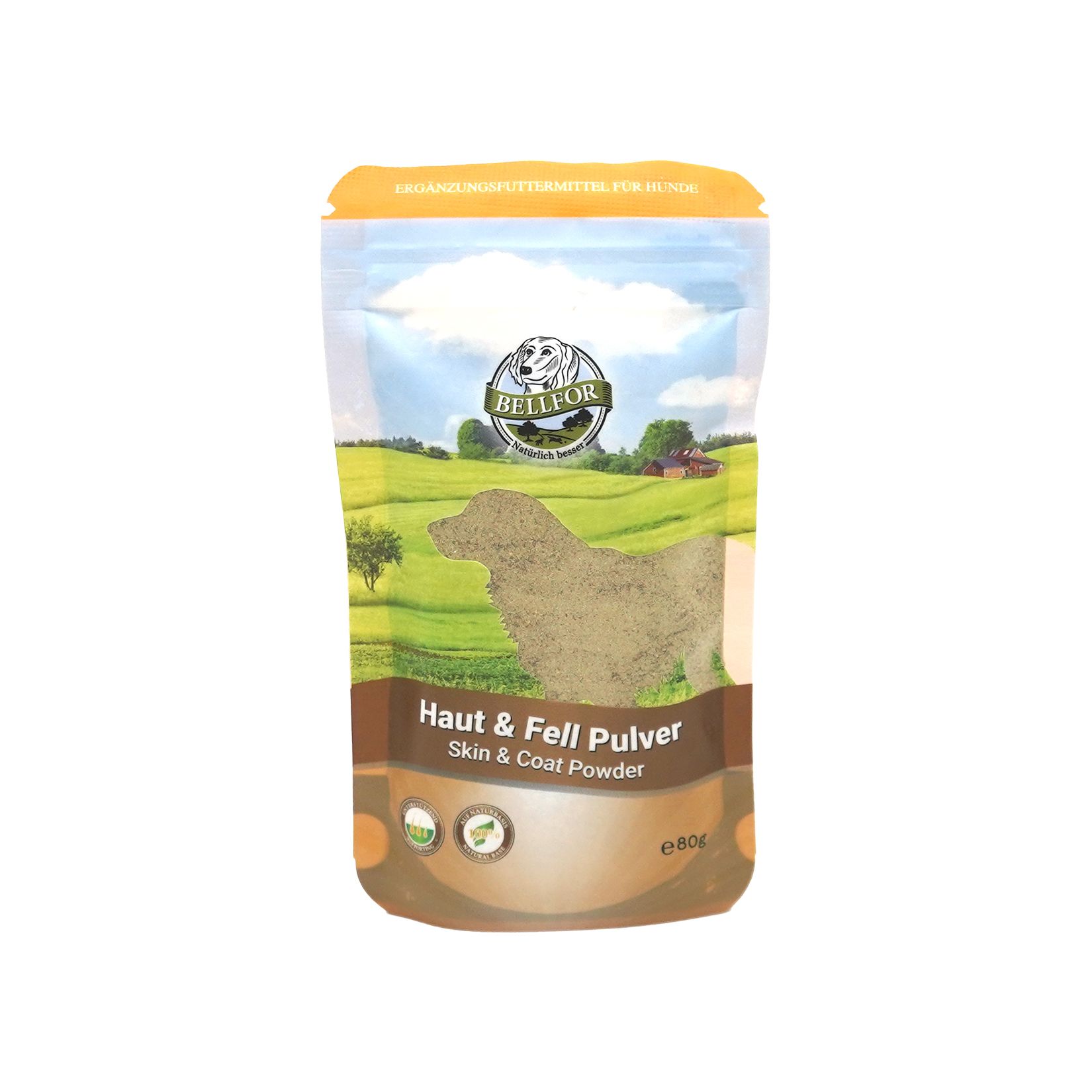Beutel mit Pulver, Landschaftsdarstellung. Aufschrift: Haut & Fell Pulver, Skin & Coat Powder.