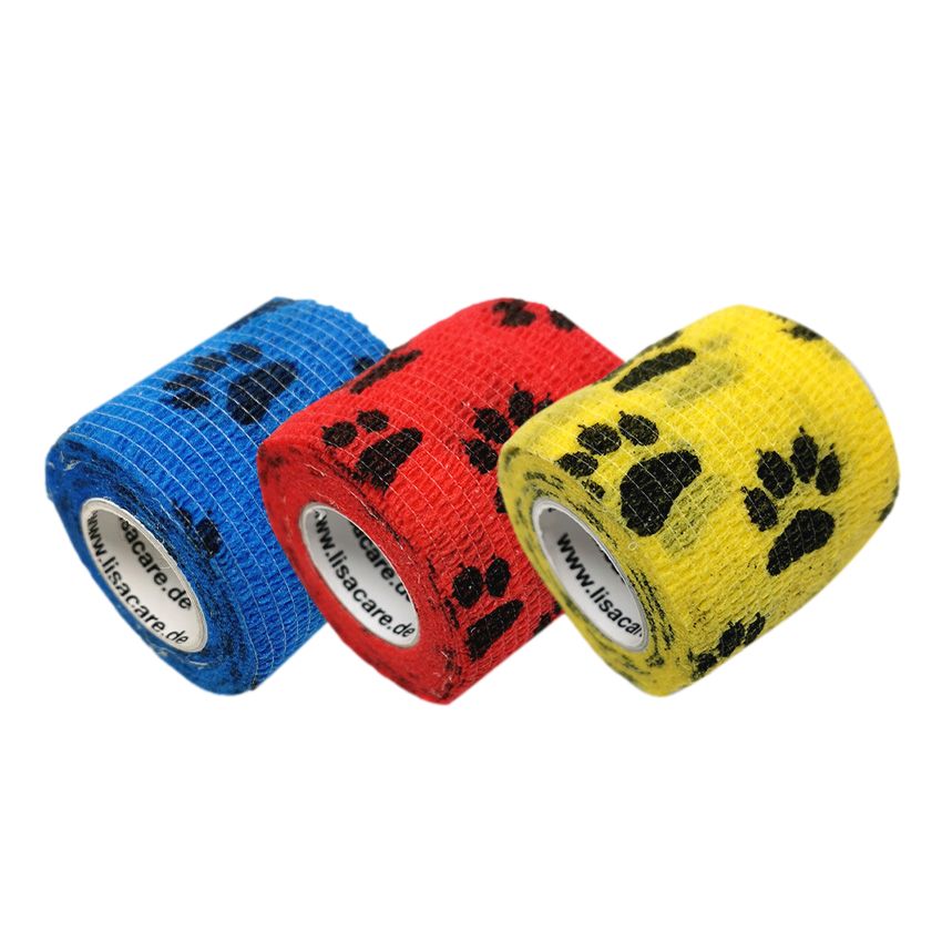 Drei Rollen LisaCare Pfotenpflaster in Blau, Rot und Gelb. Schwarze Pfotenmuster. Aufdruck: www.lisacare.de.