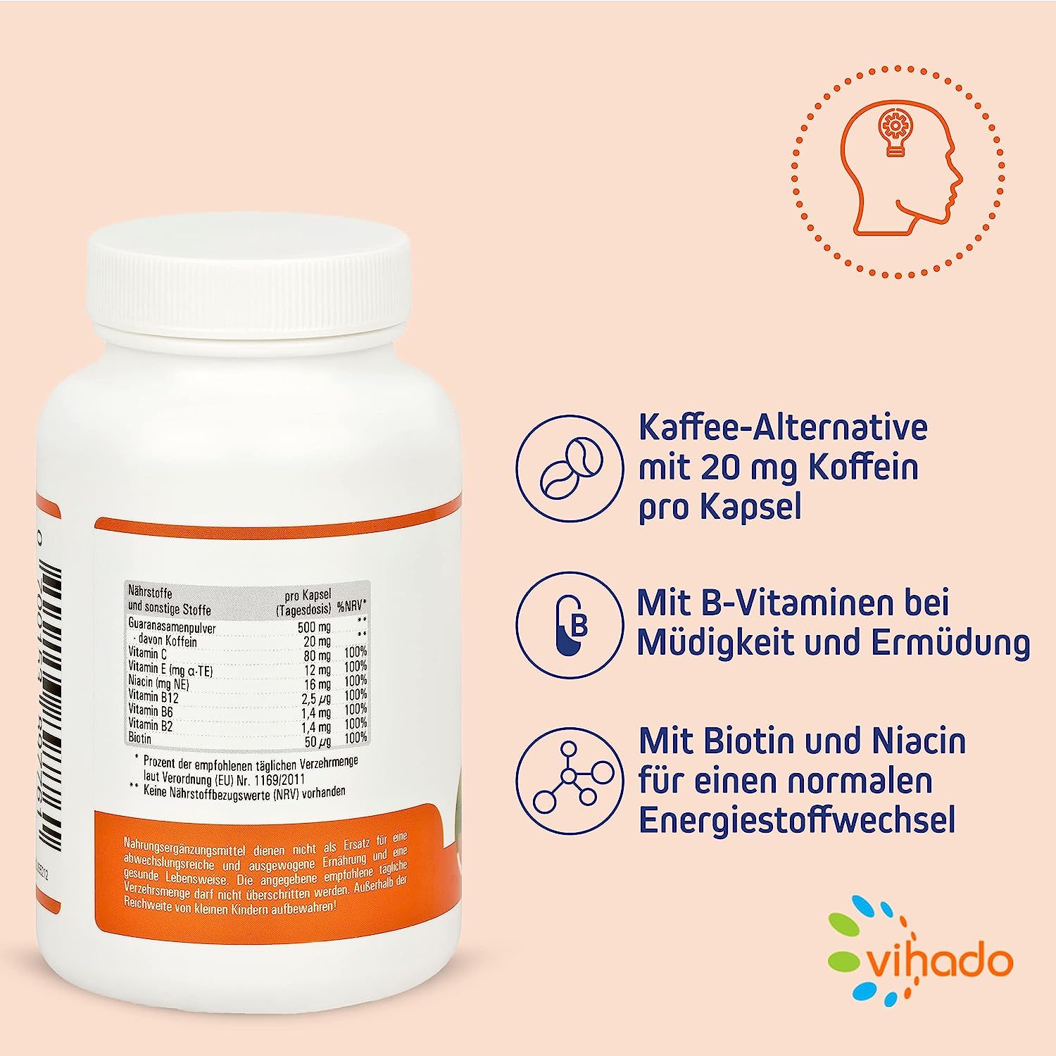 Weiße Flasche mit Vihado Guarana Kapseln. Aufschrift: Kapsel-Alternative mit 20 mg Koffein. Enthält B-Vitamine, Biotin und Niacin.