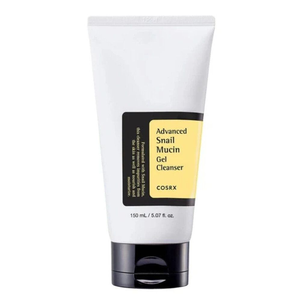 Weiße Tube mit schwarzem Klappdeckel, enthält COSRX Advanced Snail Mucin Gel Cleanser.