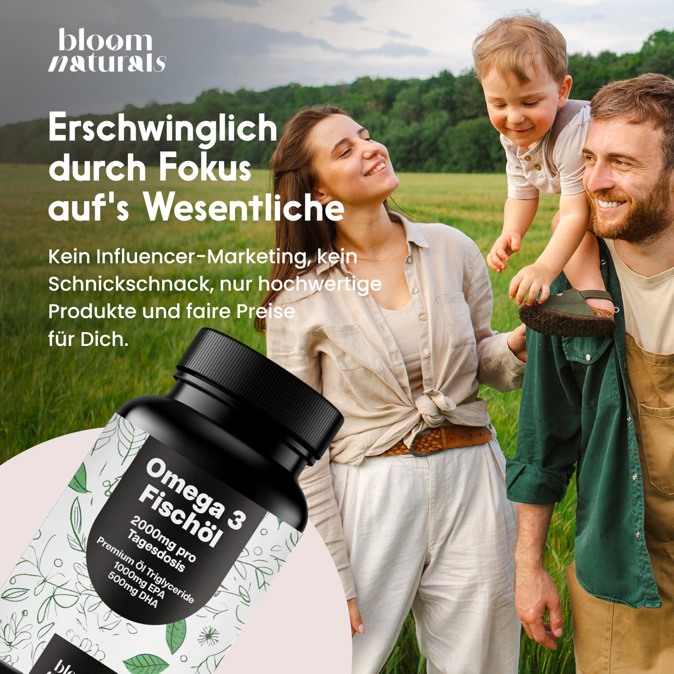 Familie mit Flasche. Text: Erschwinglich durch Fokus auf's Wesentliche.
