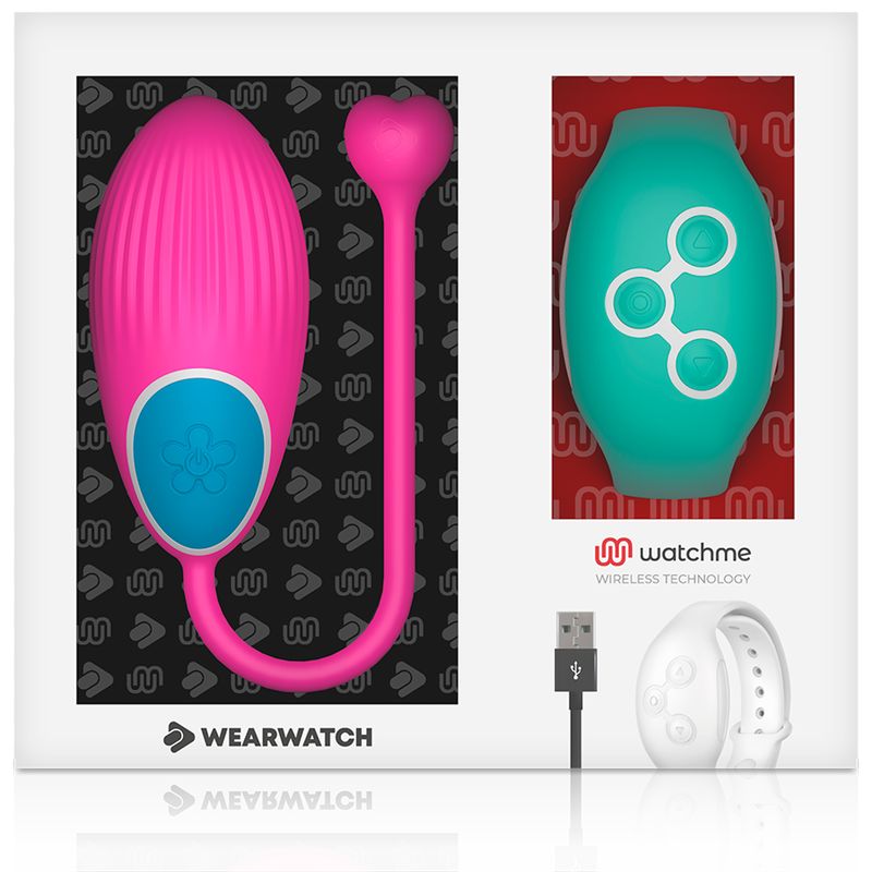 Verpackung mit rosa Ei, grüner Armbanduhr und weißem Armband. Marke Wearwatch und watchme. USB-Kabel.