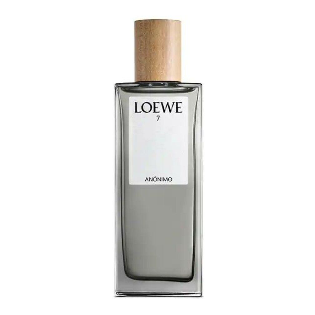 Rechteckiger Flakon mit Holzverschluss. Auf dem Etikett steht "LOEWE 7 ANÓNIMO".