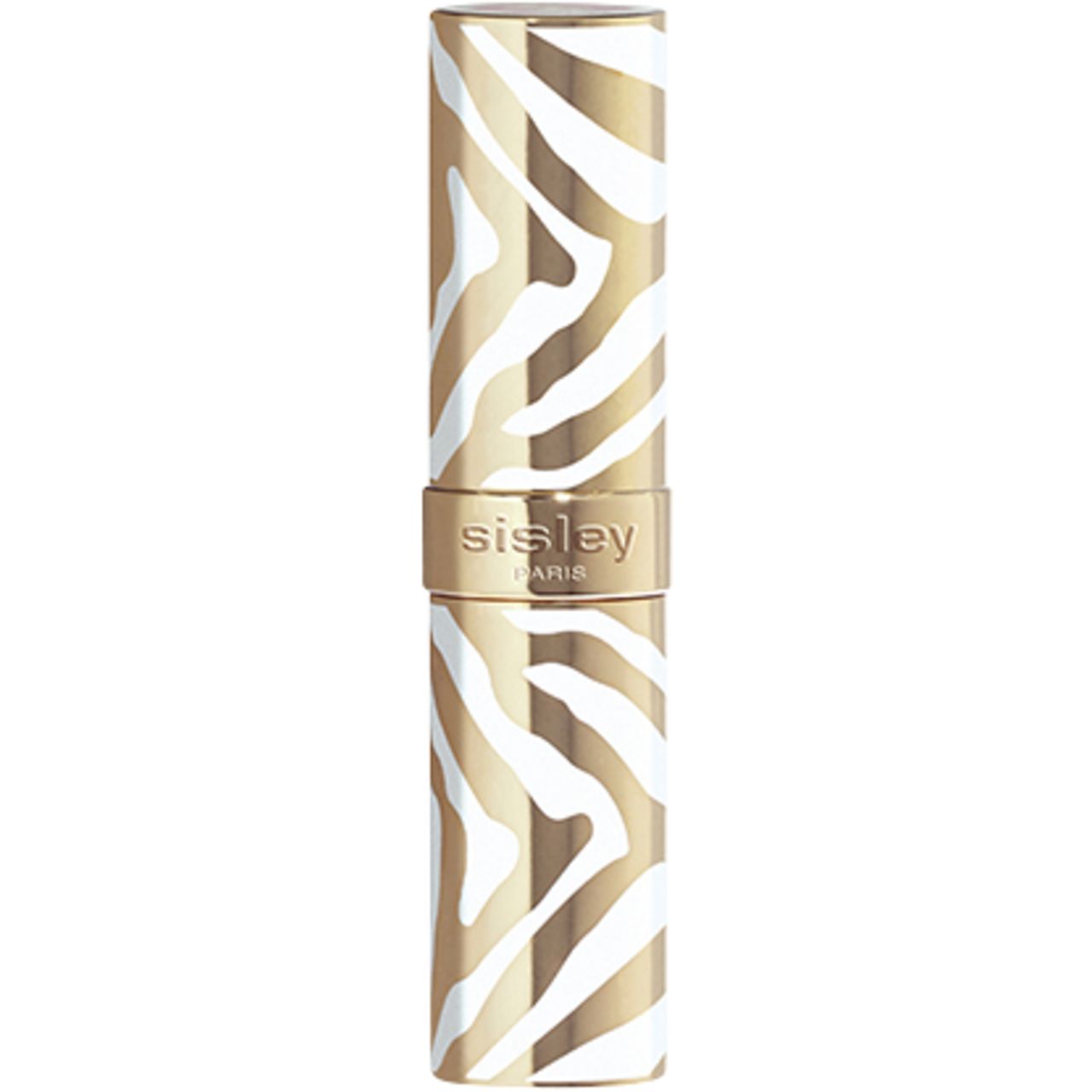 Geschlossener Lippenstift mit goldfarbenem Gehäuse und Zebra-Muster. Der Lippenstift ist vollständig geschlossen.