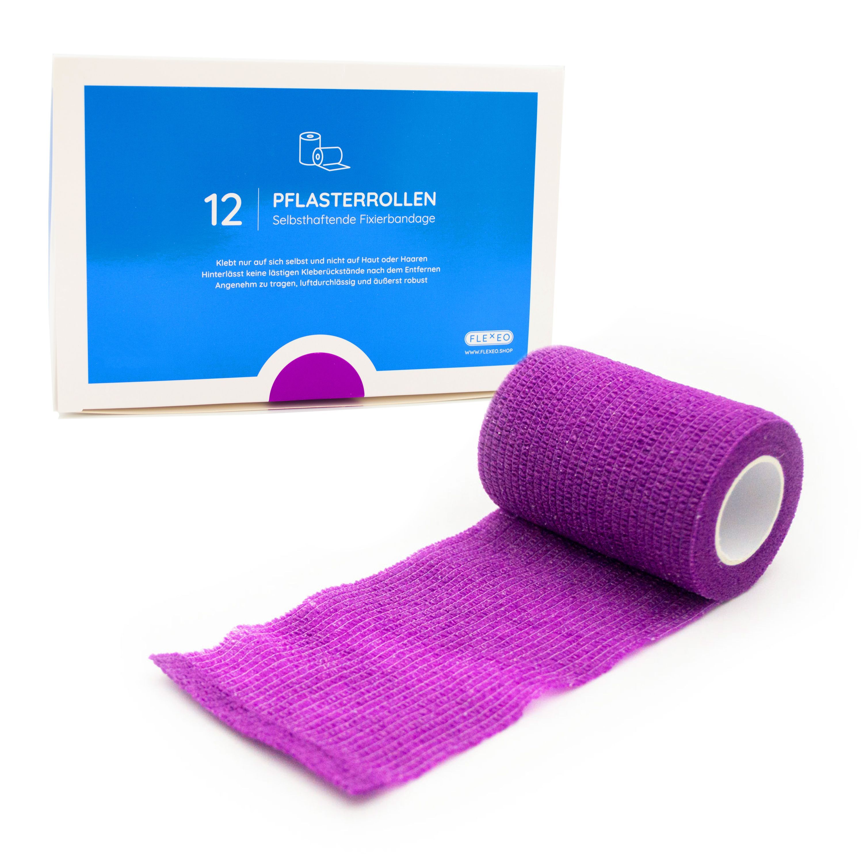 Violette Pflasterrolle mit Verpackung. Verpackung mit Aufschrift "12 Pflasterrollen". Marke FLEXEO.