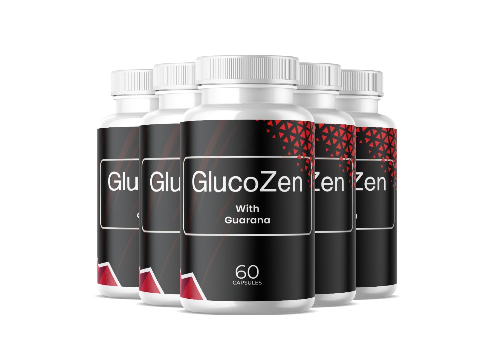 Fünf weiße Flaschen mit schwarzem Etikett. Aufschrift: GlucoZen, With Guarana, 60 Capsules.