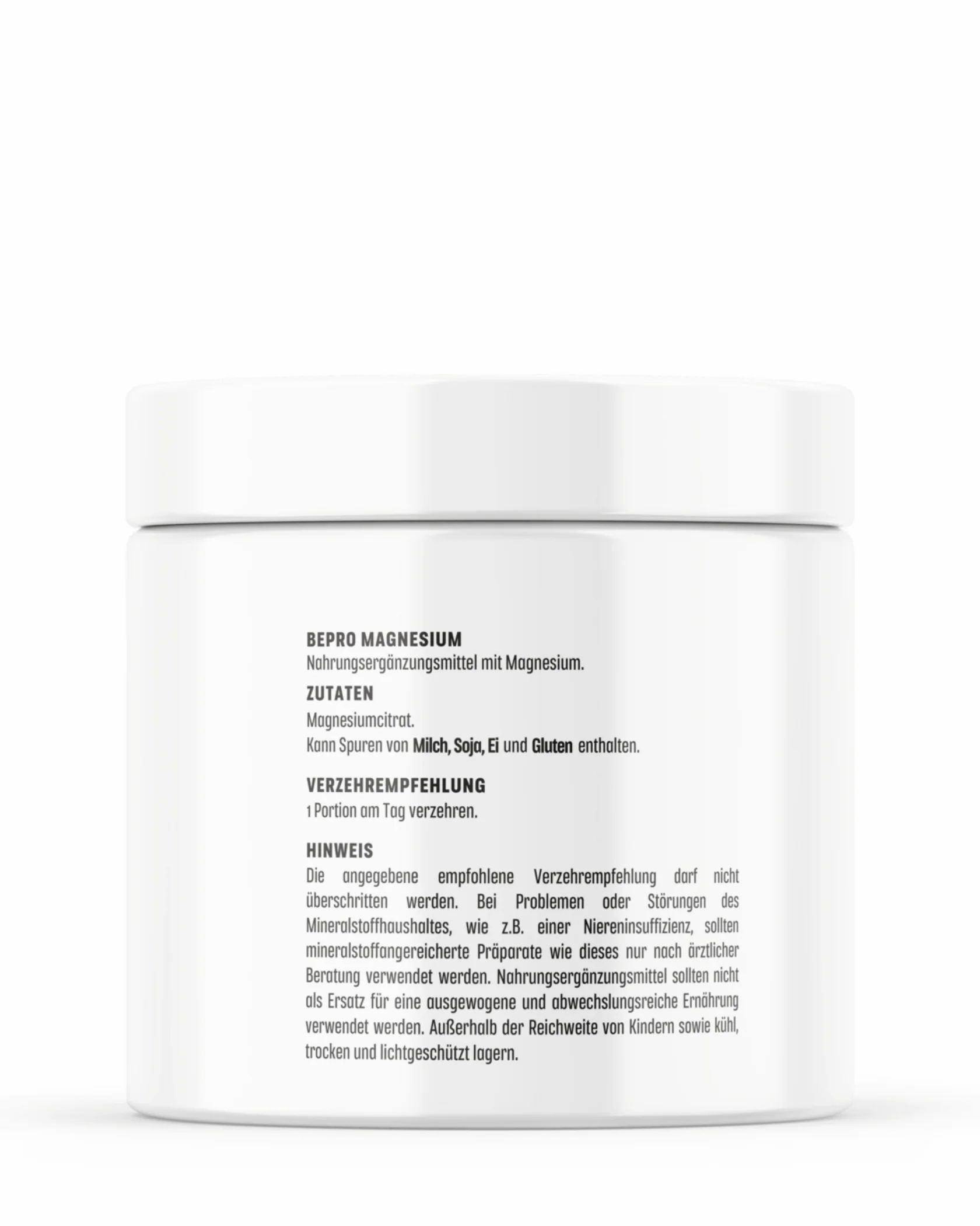 Rückseite eines weißen Behälters. Text: "BEPRO MAGNESIUM", Zutaten, Verzehrempfehlung und Hinweis.