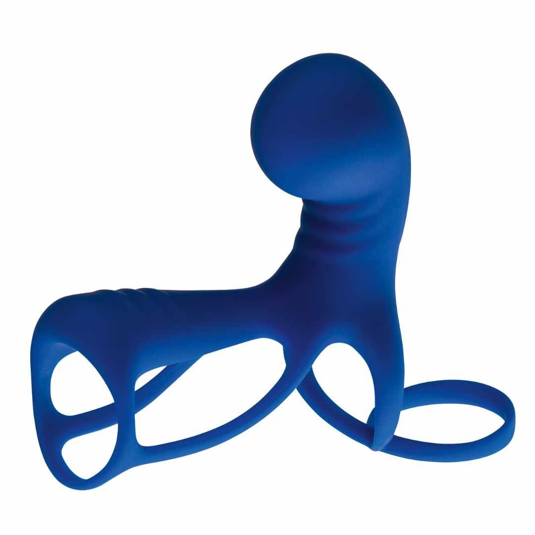 Blaues Produkt mit ringförmigen Elementen und einem Kopf. BeauMents Logo.