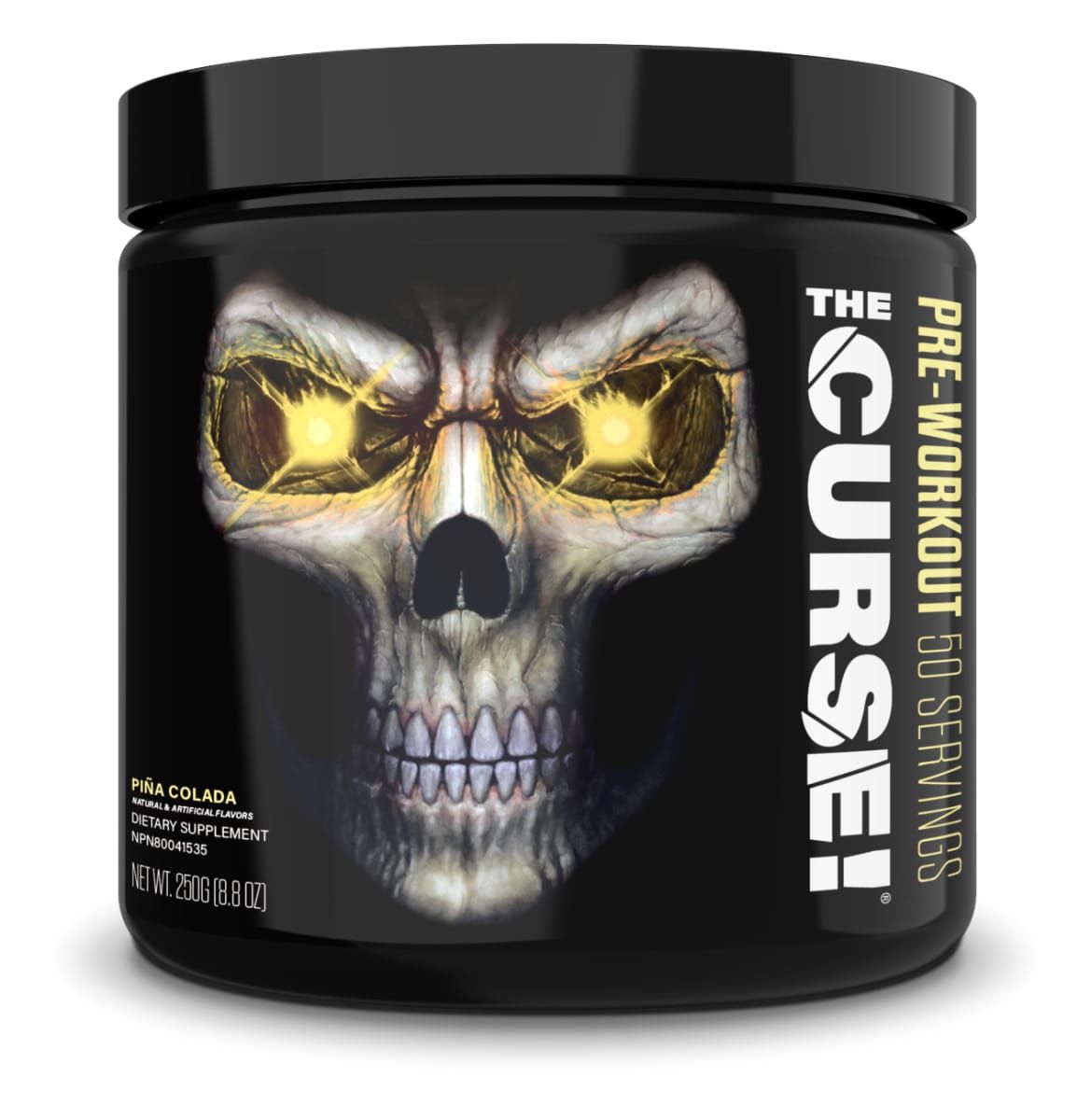 Schwarzes Produktglas mit Totenkopf-Design. Aufschrift: The Curse! Pre-Workout. Geschmack: Piña Colada.