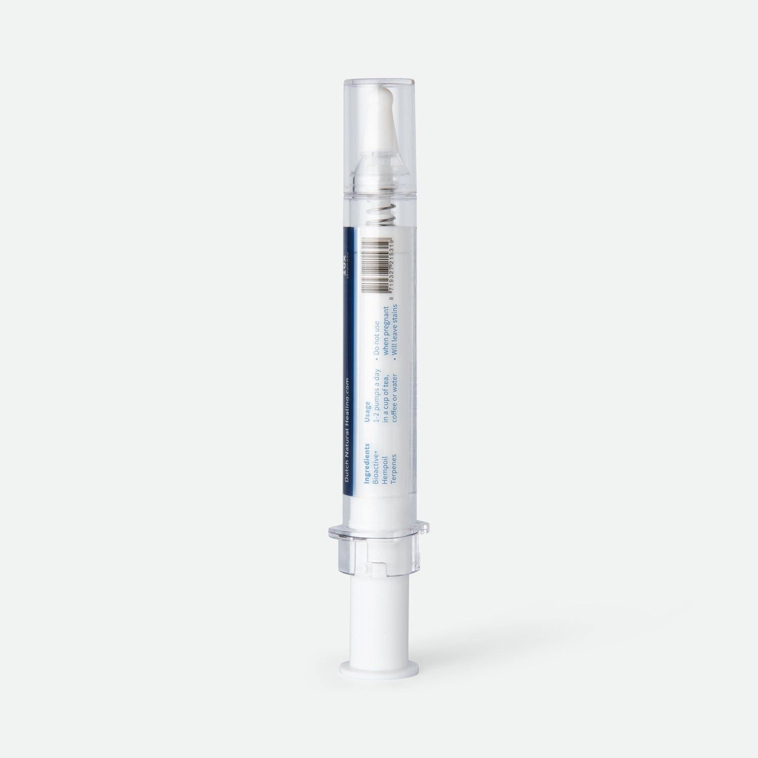 Weiße Spritze mit transparentem Applikator und Etikett mit Produktinformationen.